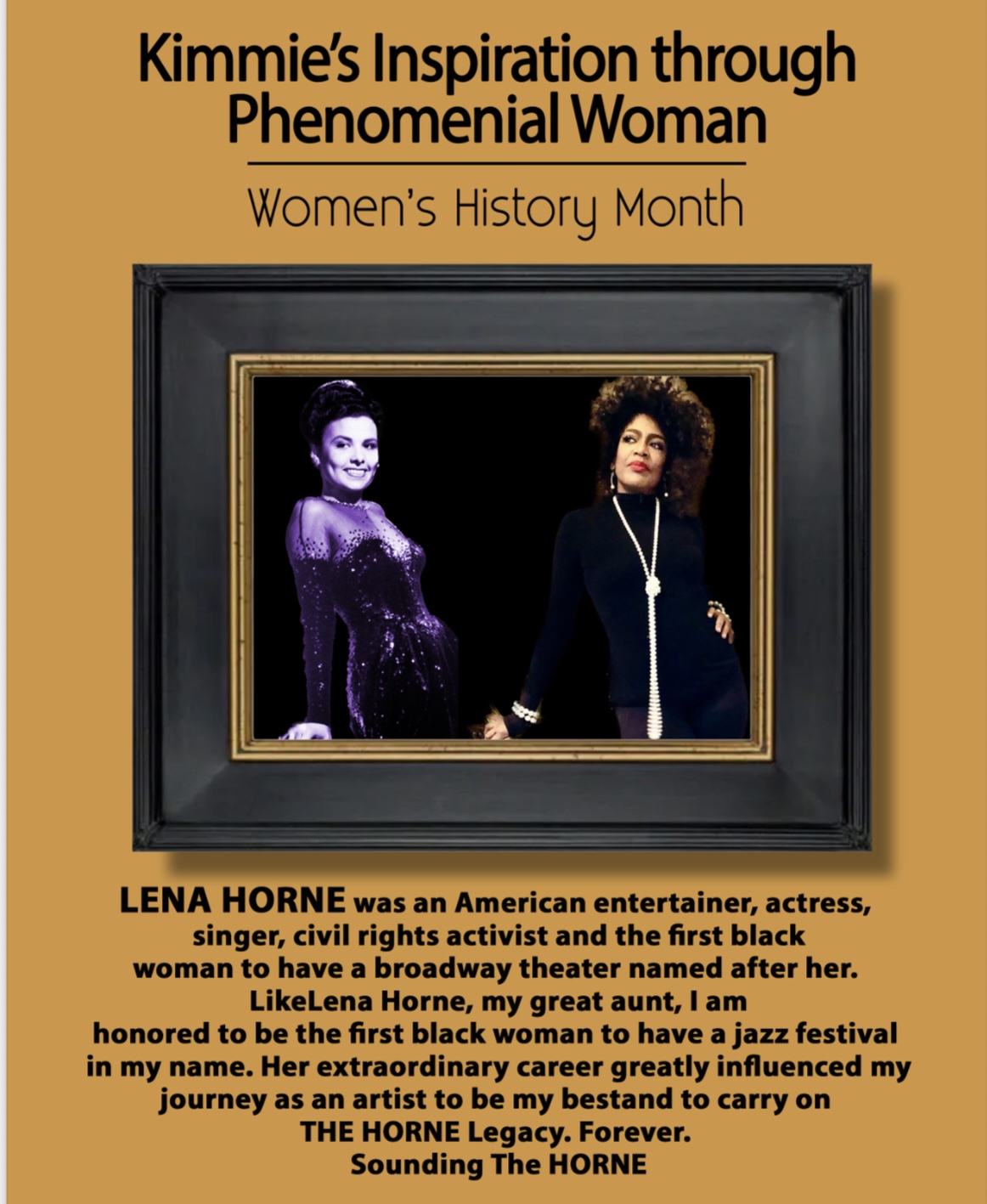 Poster celebrating Women's History Month featuring two women in a framed photo, one with curly hair and the other with straight hair, both dressed formally.