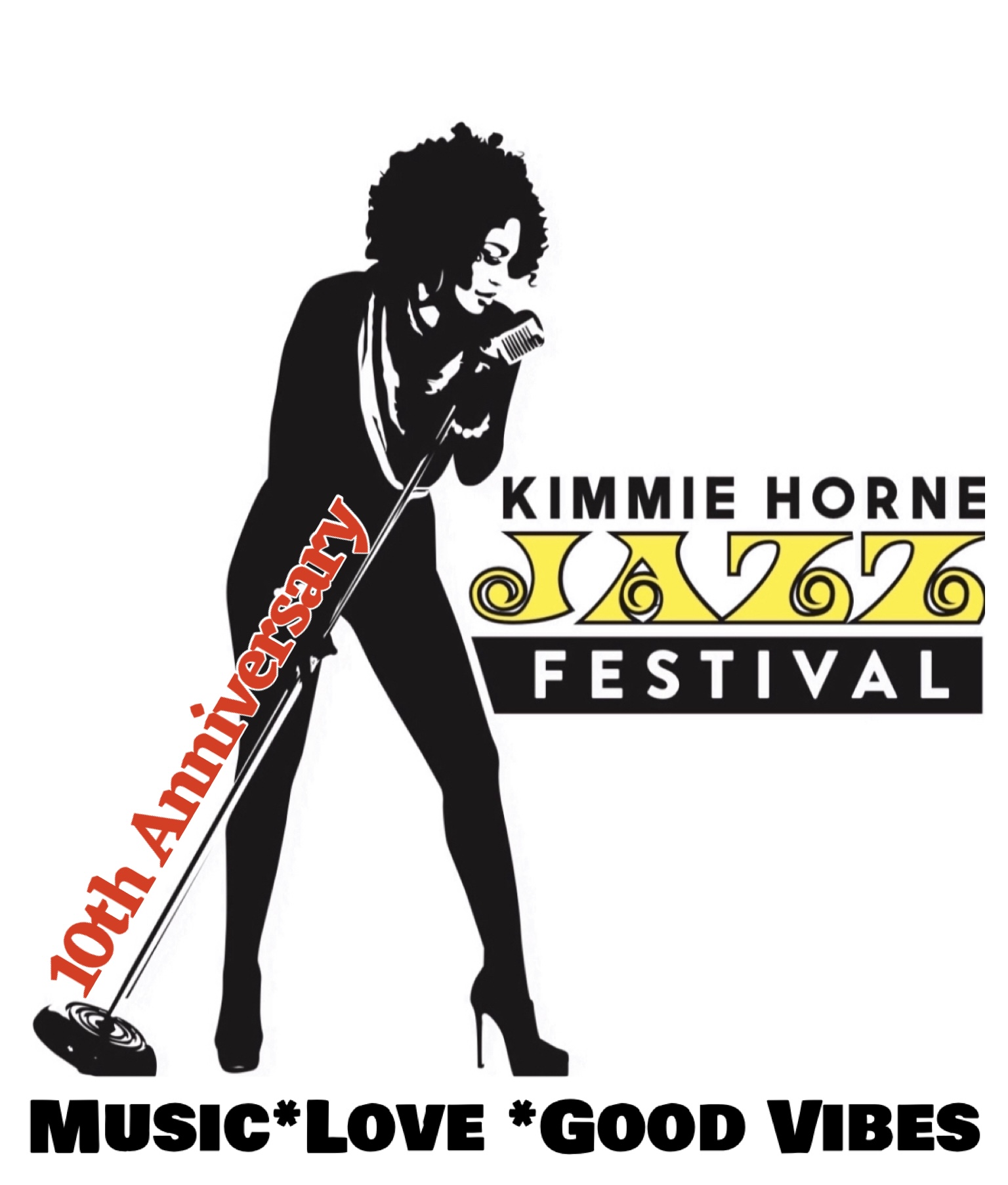 Silhouette of a woman singing into a microphone, with event details and slogan below, black and white with red text.