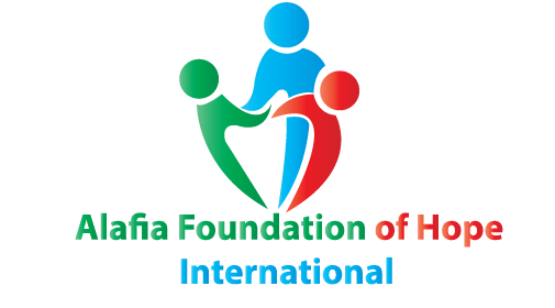Logo with three stylized figures in blue, green, and red holding hands, with text below reading 'Alafia Foundation of Hope International'.