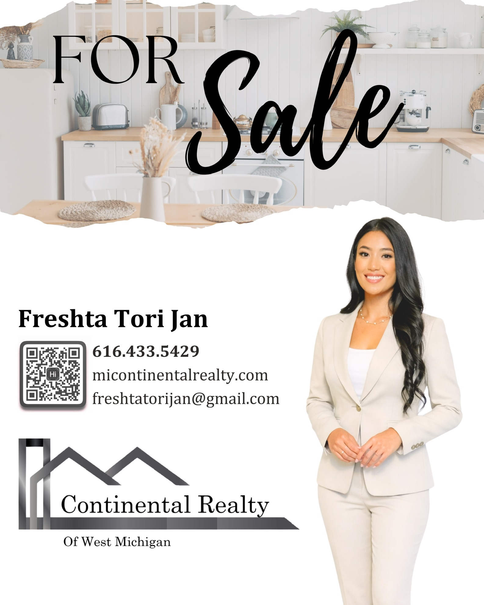 Real estate flyer featuring a woman in a white suit, contact info, and a house logo, with a kitchen background.