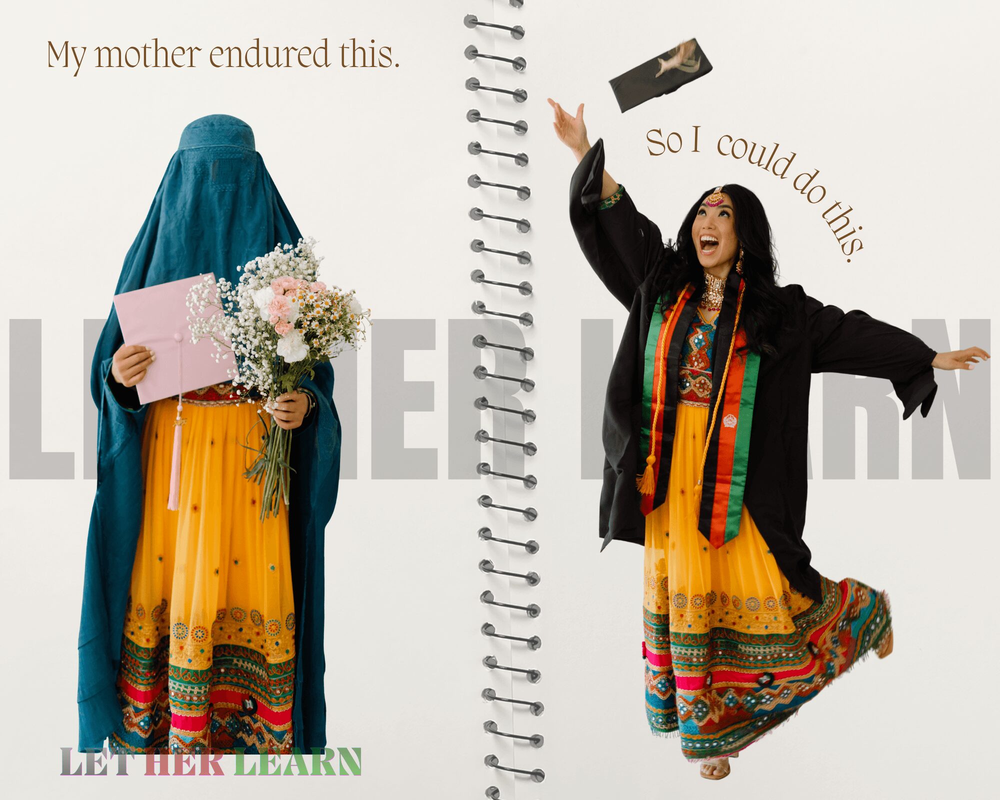Two women, one with a head covering holding flowers and a pink paper, the other smiling and jumping with a scarf, in colorful dresses.