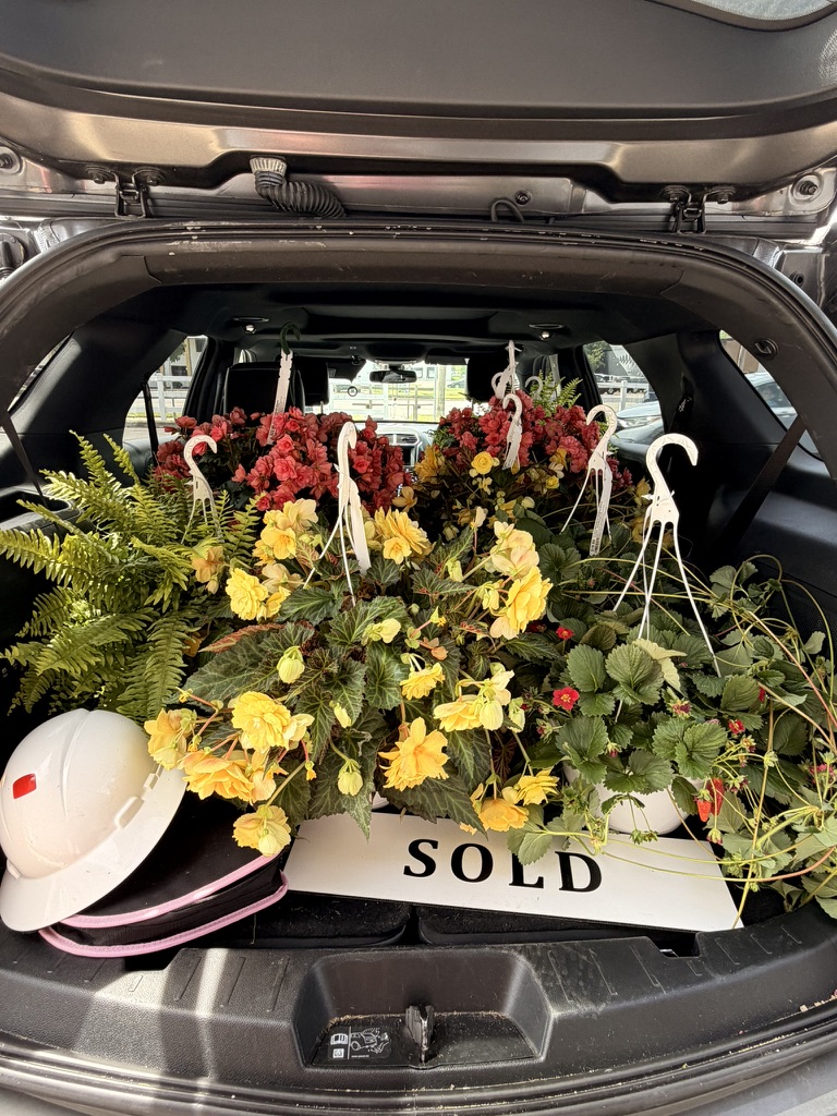Car trunk filled with colorful flowers, a white helmet, and a 'SOLD' sign, viewed from above.