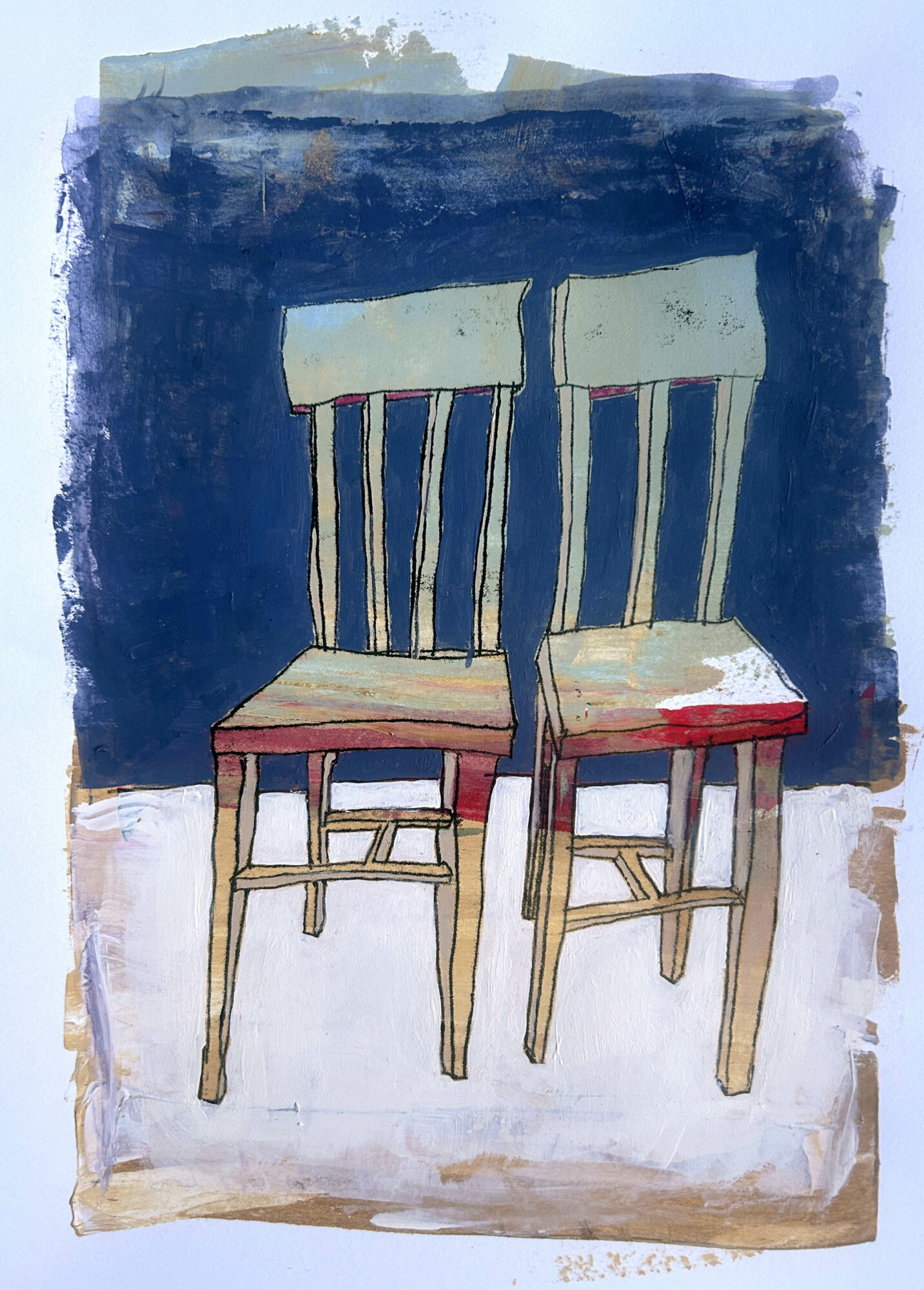 Two wooden chairs with light-colored backs and seats, set against a dark blue background.