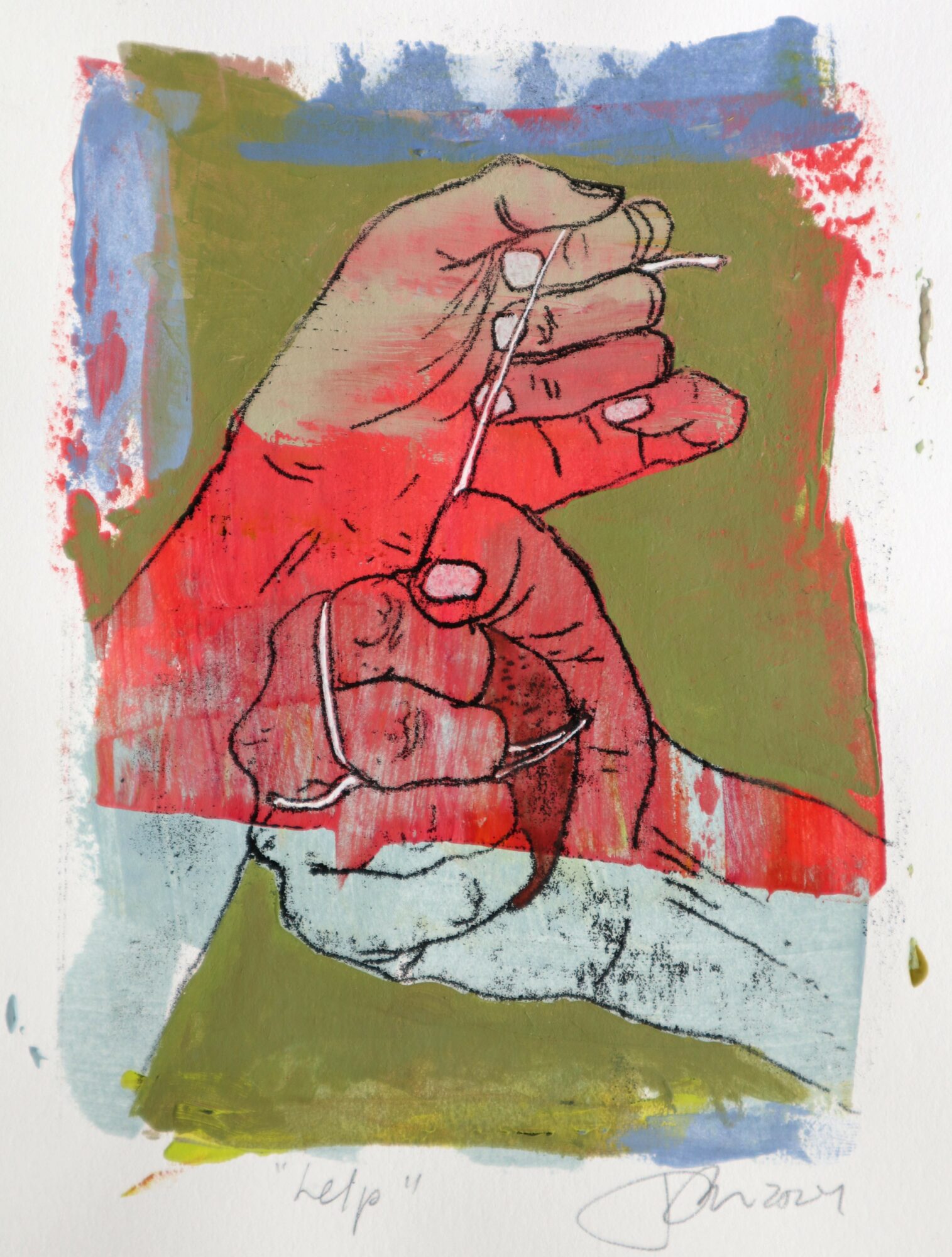 Two hands, one red and one white, holding a needle and thread, with colorful background and sketchy style.