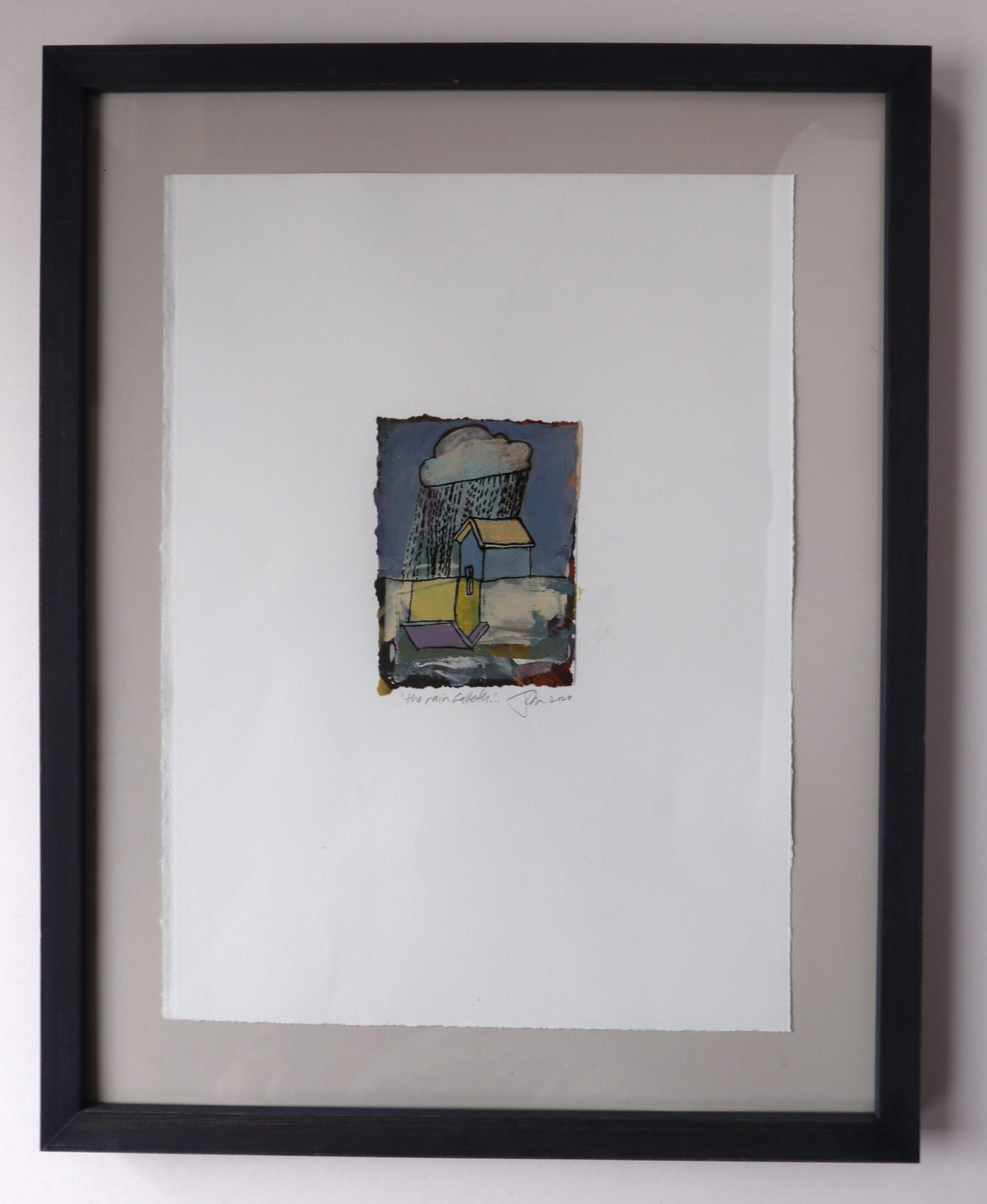 Framed abstract artwork with geometric shapes and lines, centered on a white background.