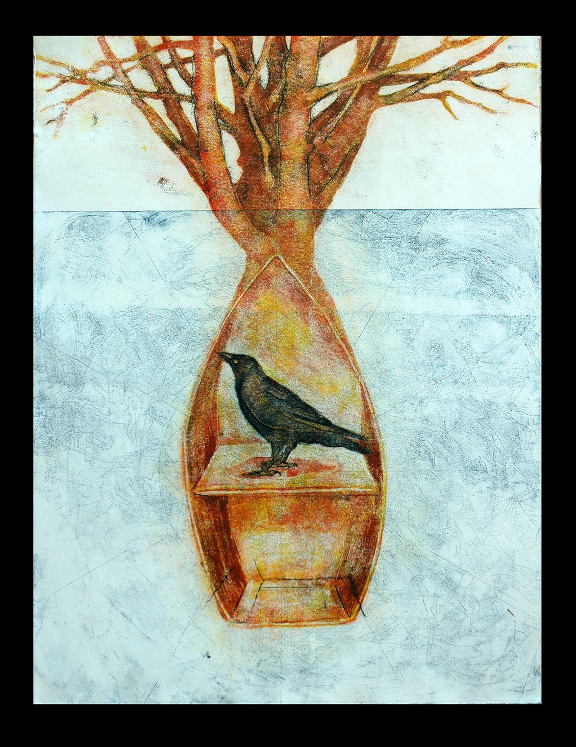 Tree with a hollow trunk containing a bird, against a light background.