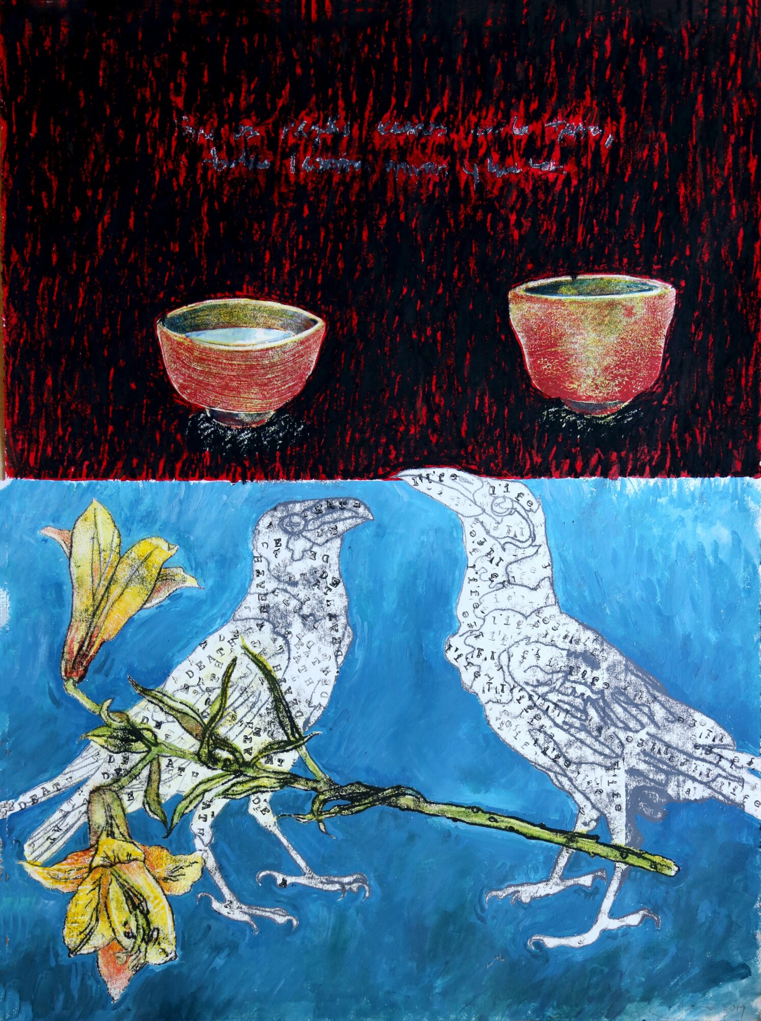Two cups on a dark red background above two birds holding a yellow flower branch on a blue background.