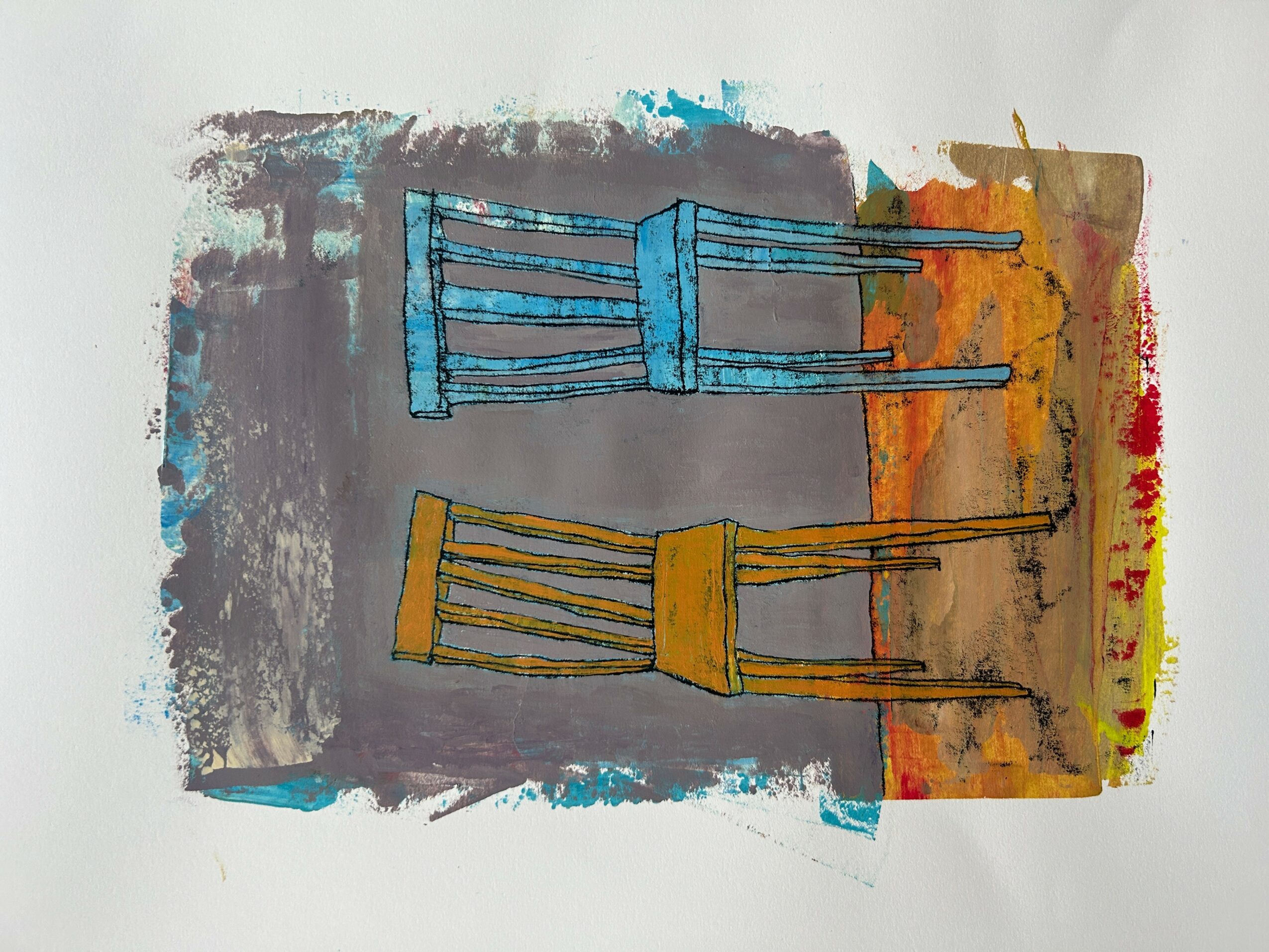 Two chairs, one blue and one yellow, are painted on a textured background with gray, orange, and red colors.