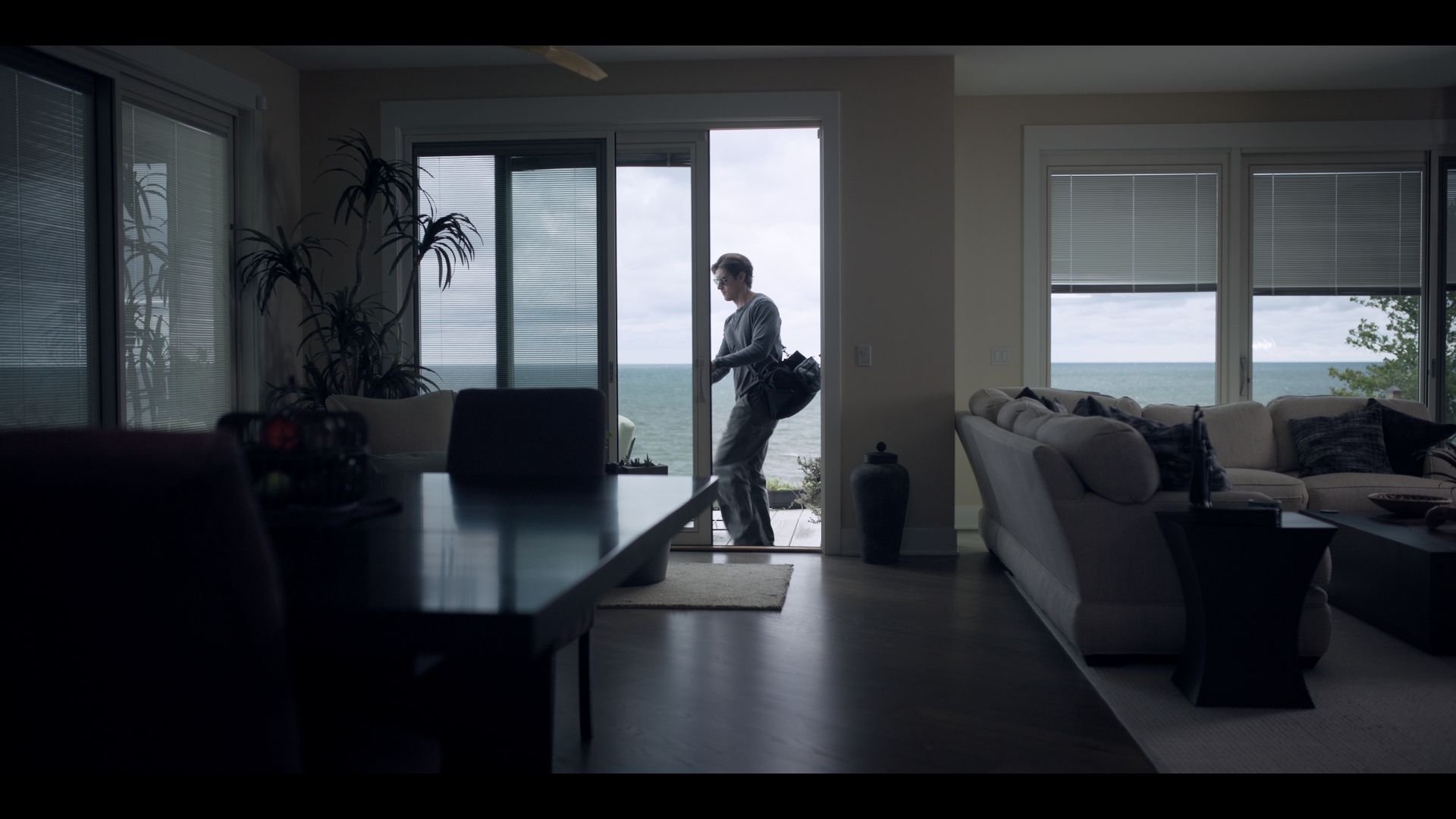 Person standing near large windows, holding a bag, in a modern living room with furniture and plants.