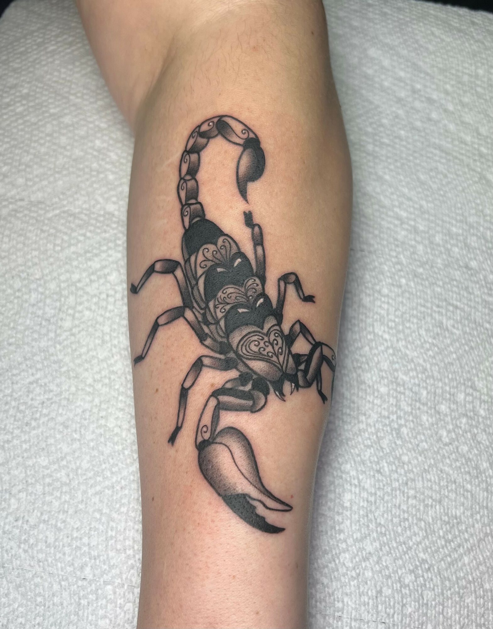 Tattoo of a scorpion with detailed patterns on its body, on a person's leg.