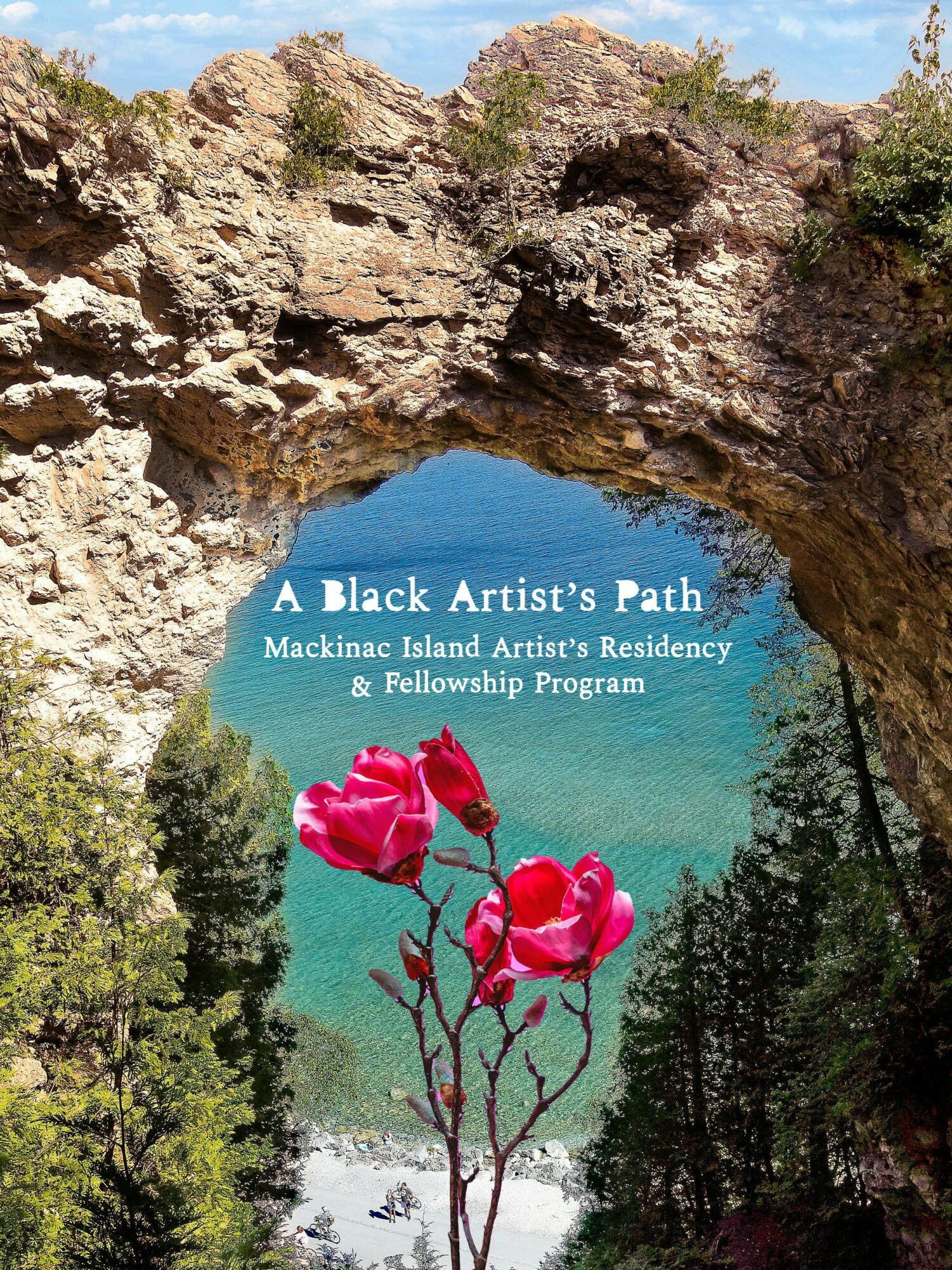 View through a natural rock arch framing a turquoise water body with pink flowers in foreground.