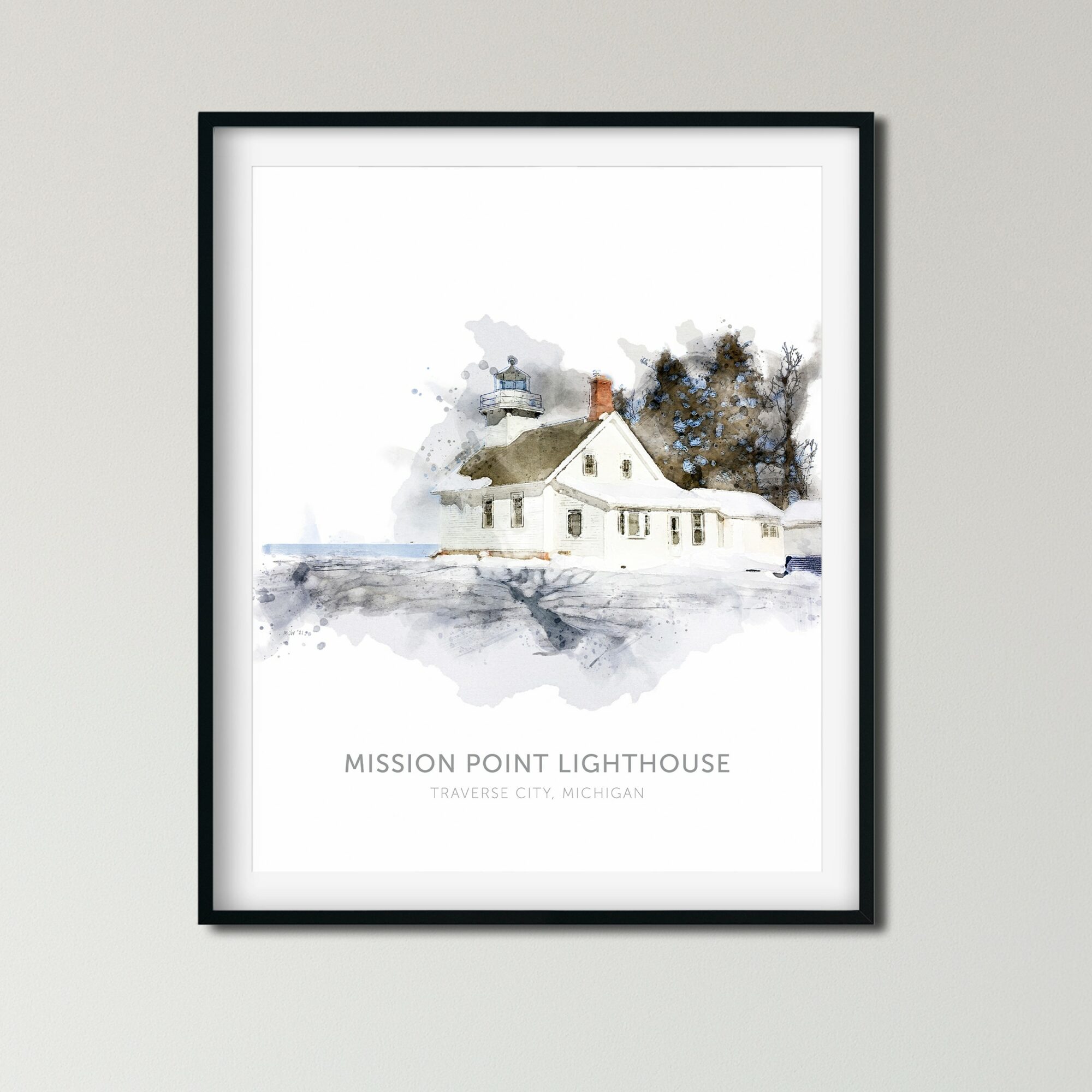 Watercolor painting of Mission Point Lighthouse in Traverse City, Michigan, with a white frame, on a light wall.