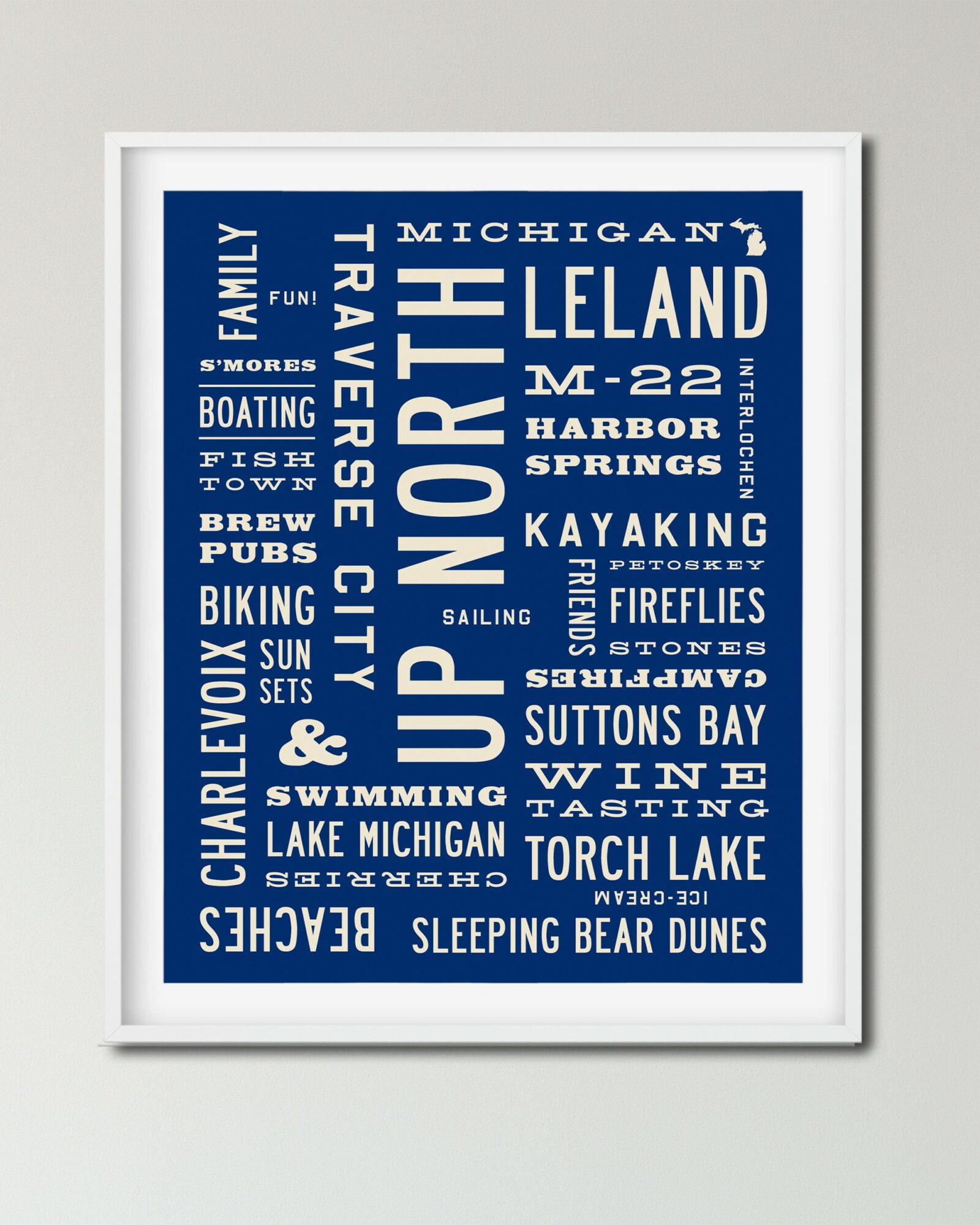 Framed blue and white graphic design with text about Michigan's Northport, Leland, and Torch Lake, including activities and locations.