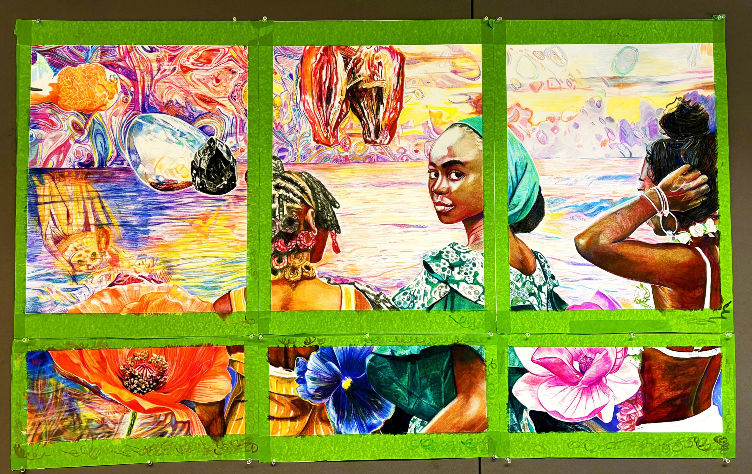Colorful mural with people and abstract designs, featuring women and flowers, displayed on a green wall.