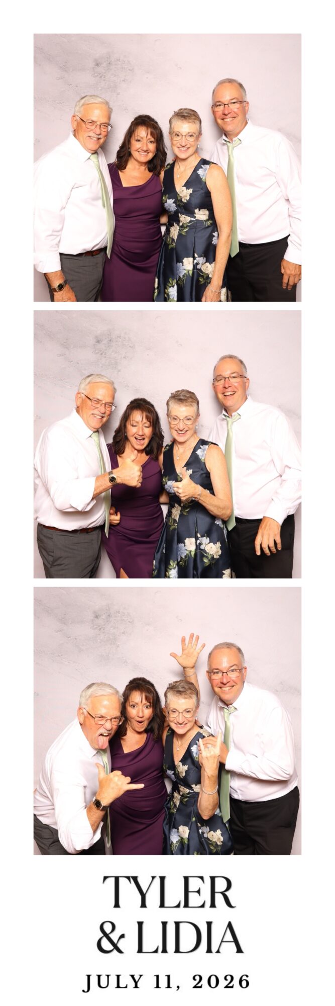 Four people smiling, standing together, with a light background, in three different poses, with text at the bottom reading 'TYLER & LIDIA JULY 11, 2026'.