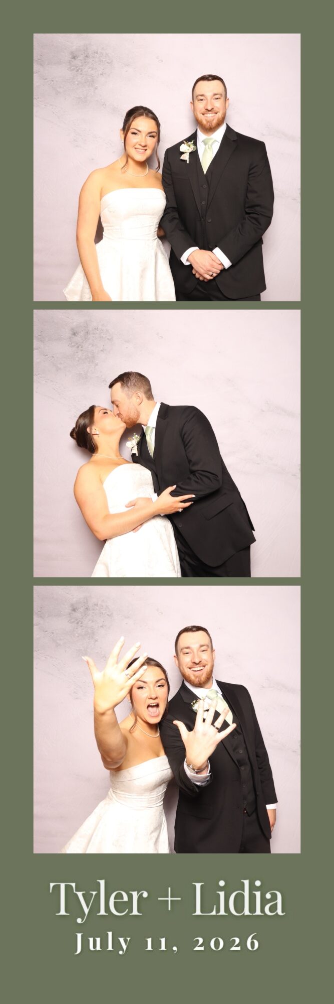 Three photos of a couple in wedding attire, including a portrait, a kiss, and a playful pose, with a green background and text.
