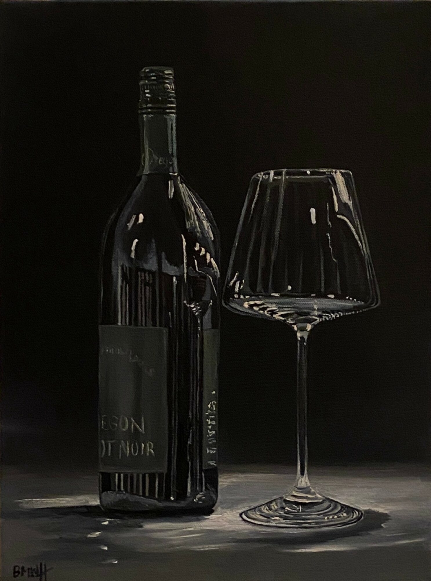 A dark bottle and an empty wine glass on a black background, with reflections on the glass surfaces.