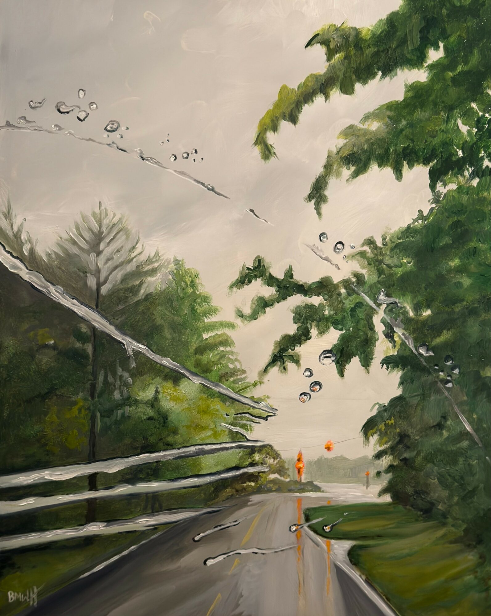 A road with trees on both sides, a fence on the left, and a person walking in the distance under cloudy sky.
