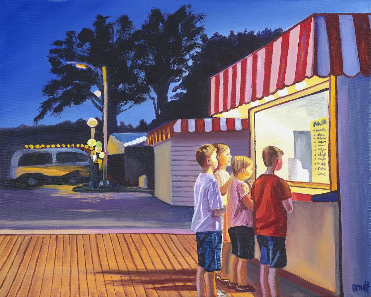 Three children stand in front of a brightly lit food stand with a red and white striped awning at dusk.