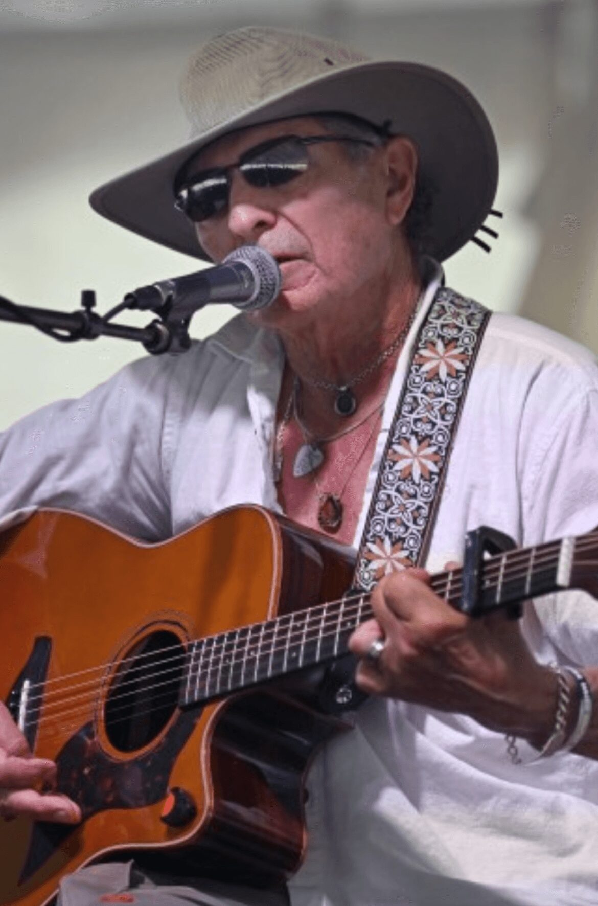 Person wearing a hat and sunglasses playing an acoustic guitar and singing into a microphone.