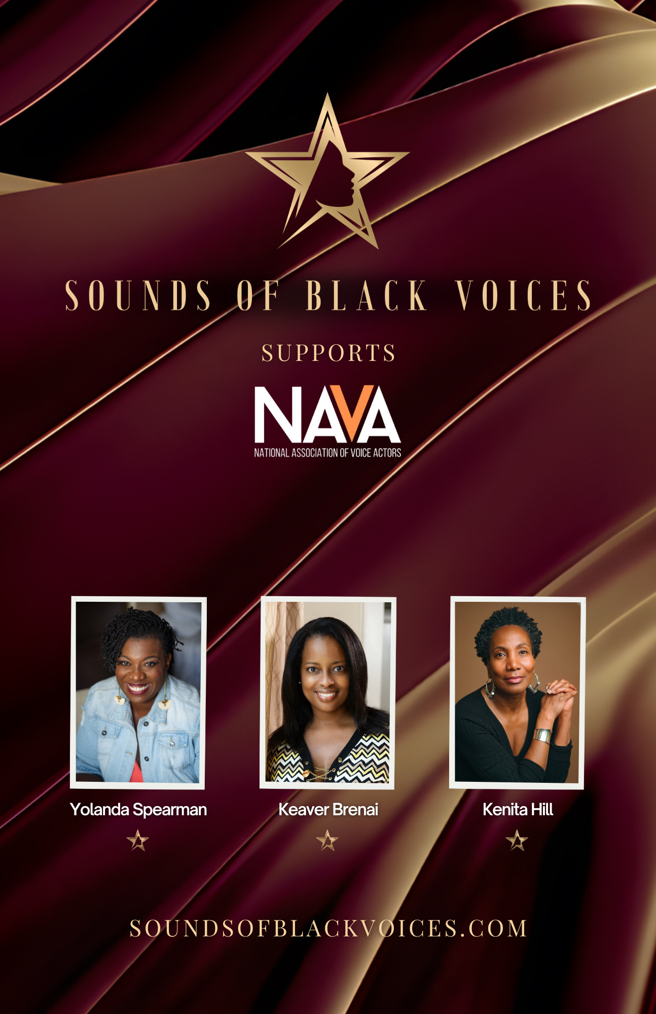 Event poster with a star logo, featuring photos of three women, supporting NAVA, with gold and dark background.
