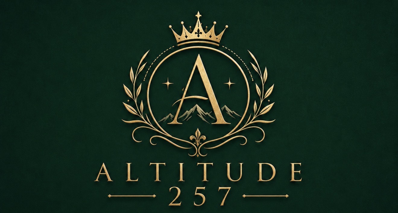 Gold crown, letter A, and laurel wreath logo with the text 'ALTITUDE 257' on a dark green background.