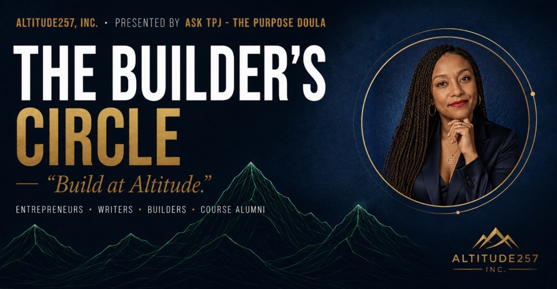 Event banner for The Builder's Circle, featuring a woman with long hair, text about building at altitude, and mountain graphics.