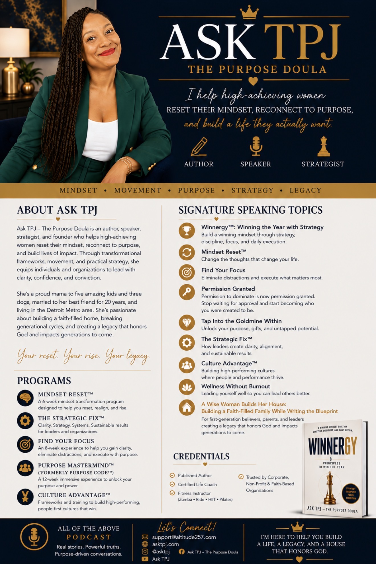 Book cover titled 'Ask TPJ' with a woman in a green blazer smiling, dark background, gold and white text, and a crown icon.