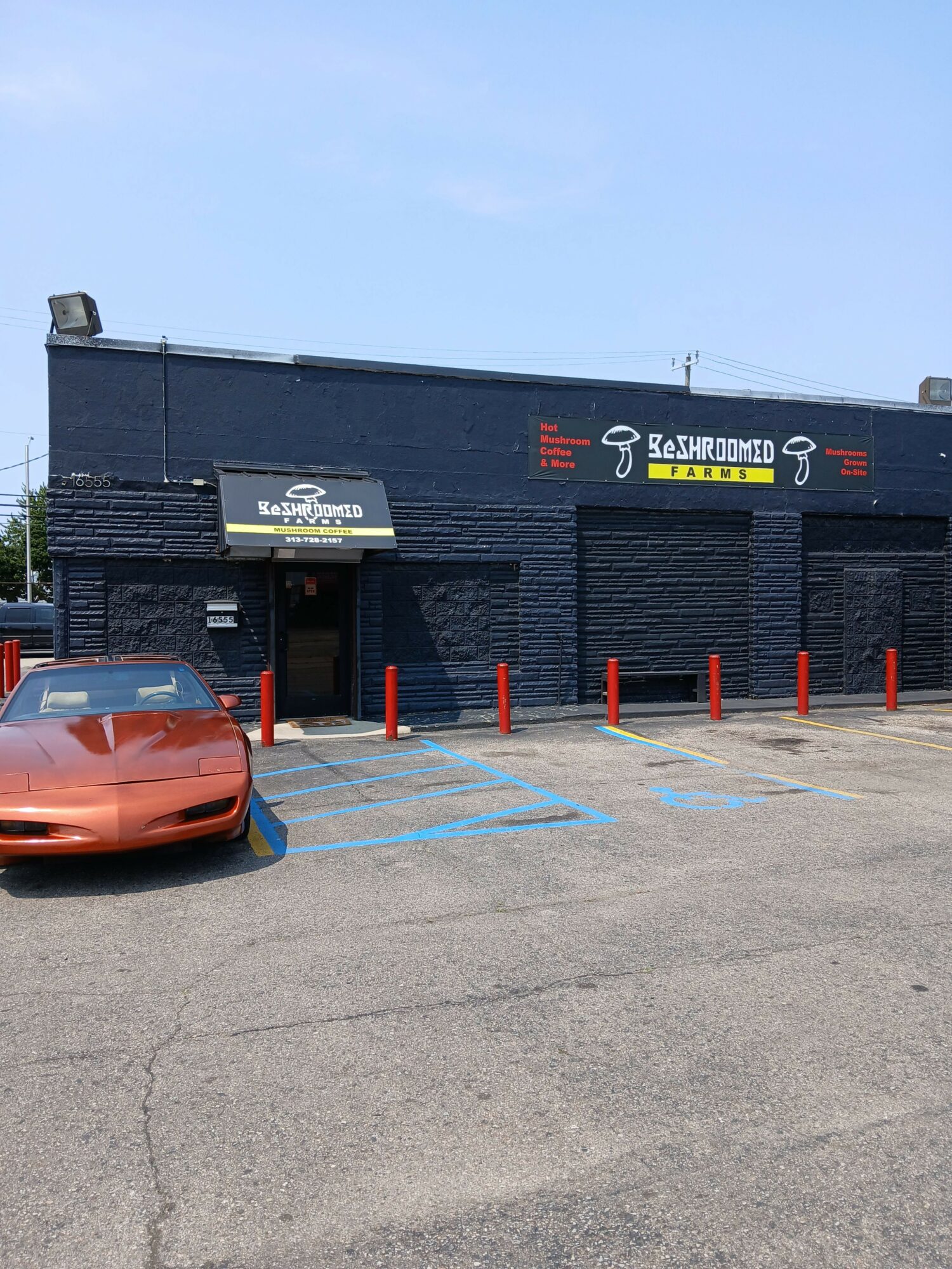 A parking lot with a brick building, a parked orange car, and blue parking lines, viewed from the side.
