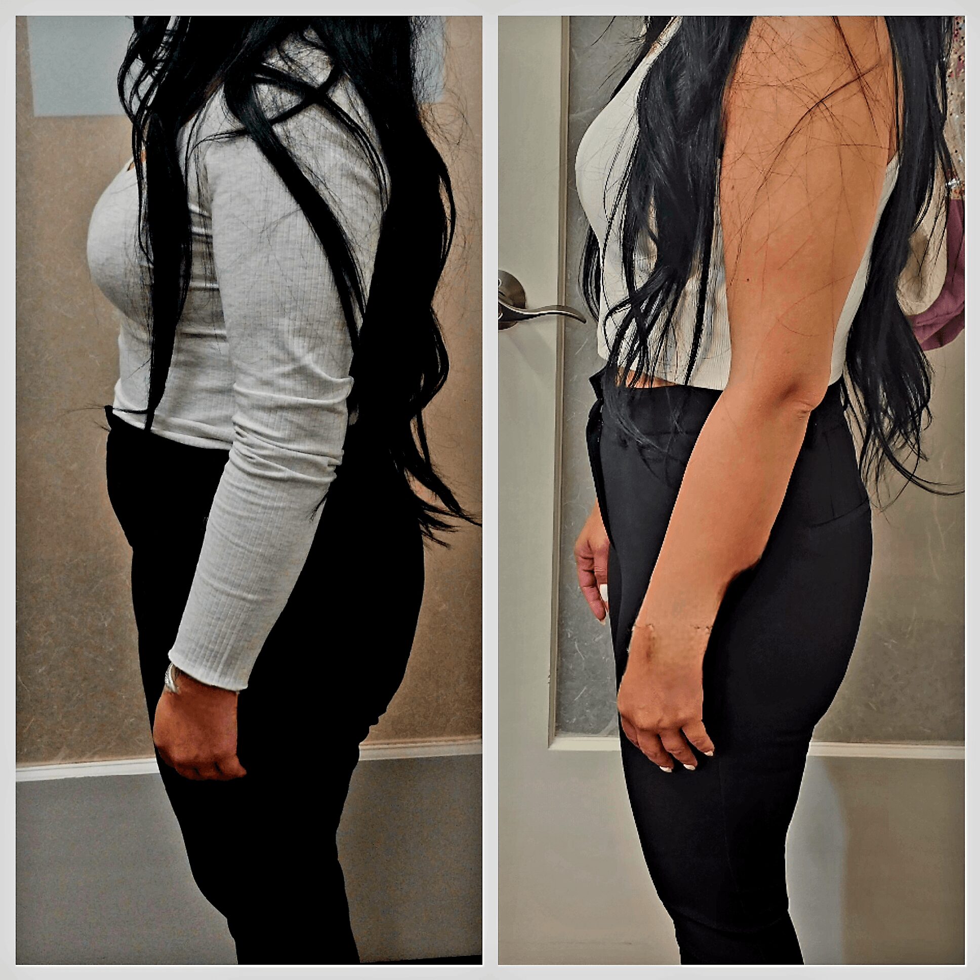 Side view of a woman with long dark hair wearing a white top and black pants, standing indoors.