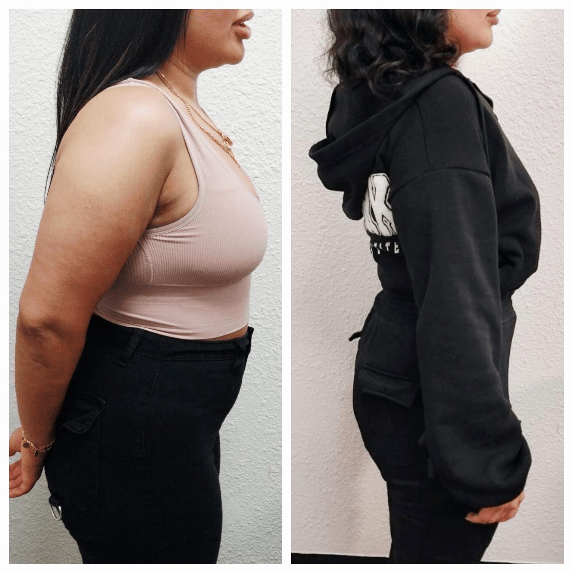 Side-by-side comparison of two women, one in a beige tank top and black pants, the other in a black hoodie and pants.