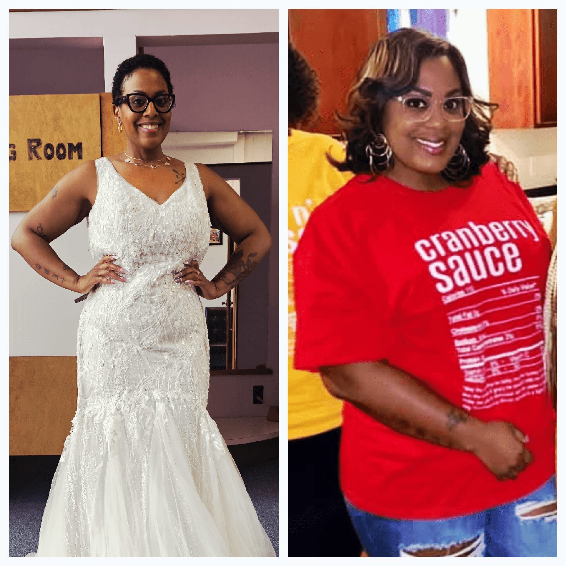 Two women smiling, one in a white wedding dress, the other in a red shirt with white text, indoors.