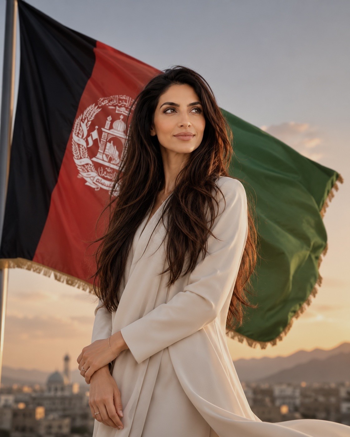 Woman with long dark hair standing outdoors with a flag of Afghanistan behind her, cityscape and mountains in background.