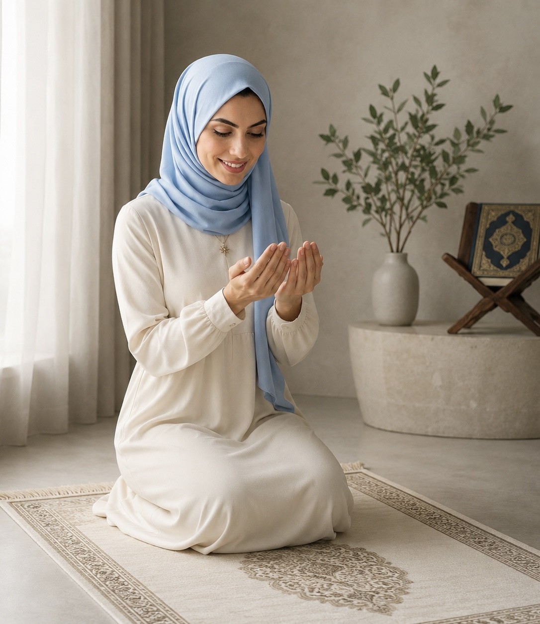 Woman in a light blue hijab and white dress kneeling on a rug, smiling, with a plant and decorative items in background.