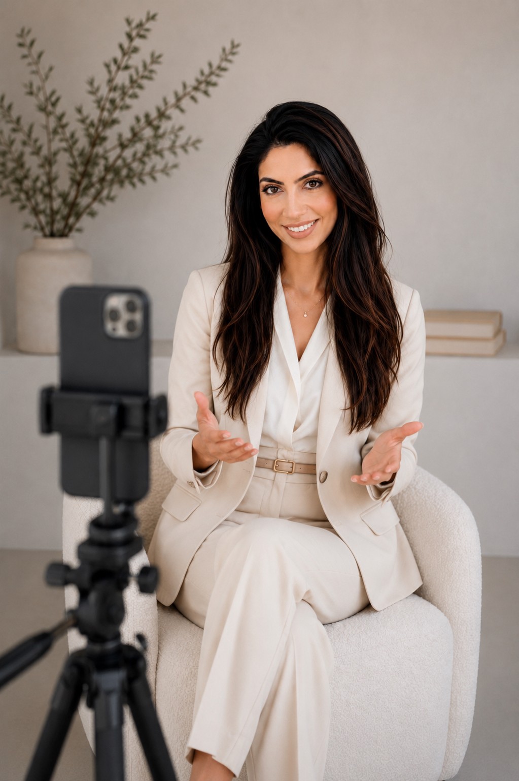 Woman sitting on a white chair, smiling, gesturing with hands, in a room with a plant and books in the background.