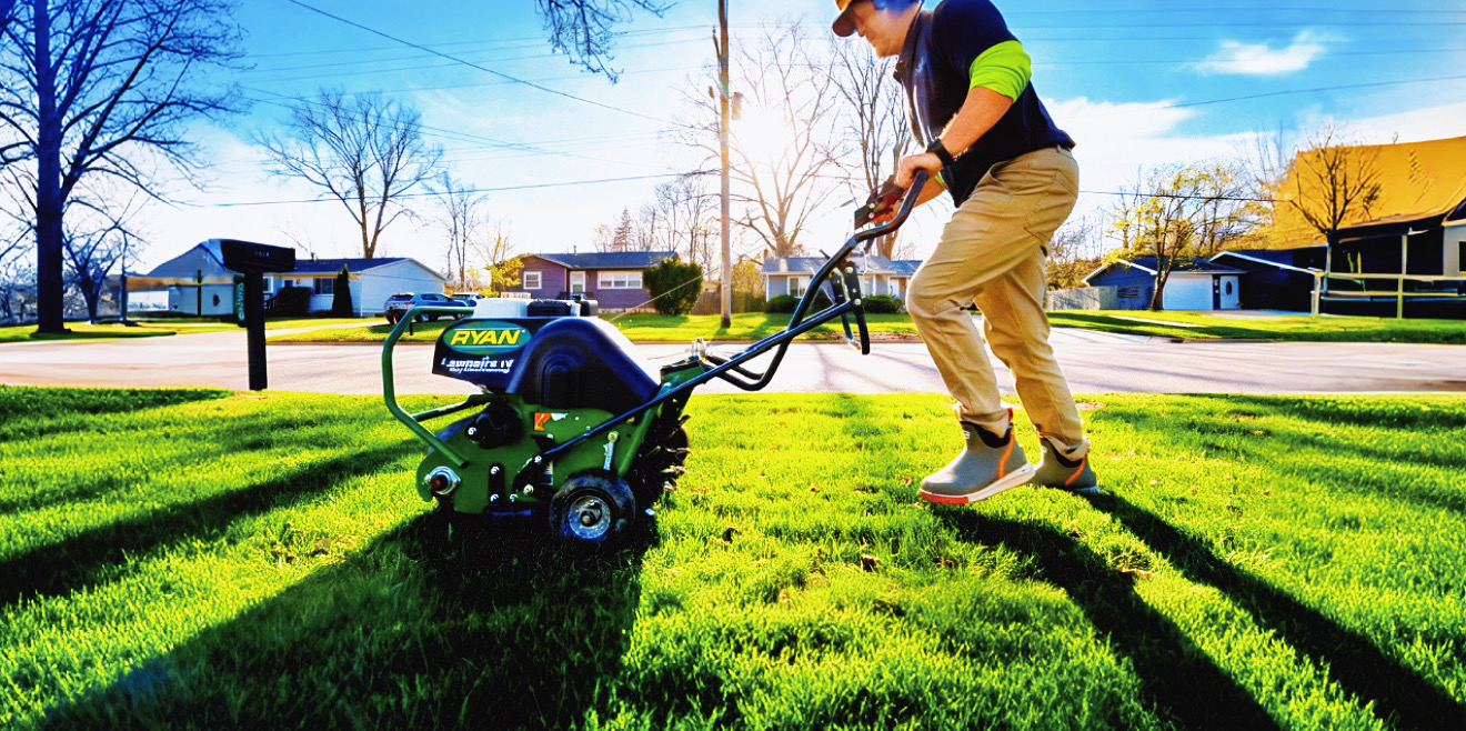 Person using a lawn roller on grass in a park with trees and buildings in the background.