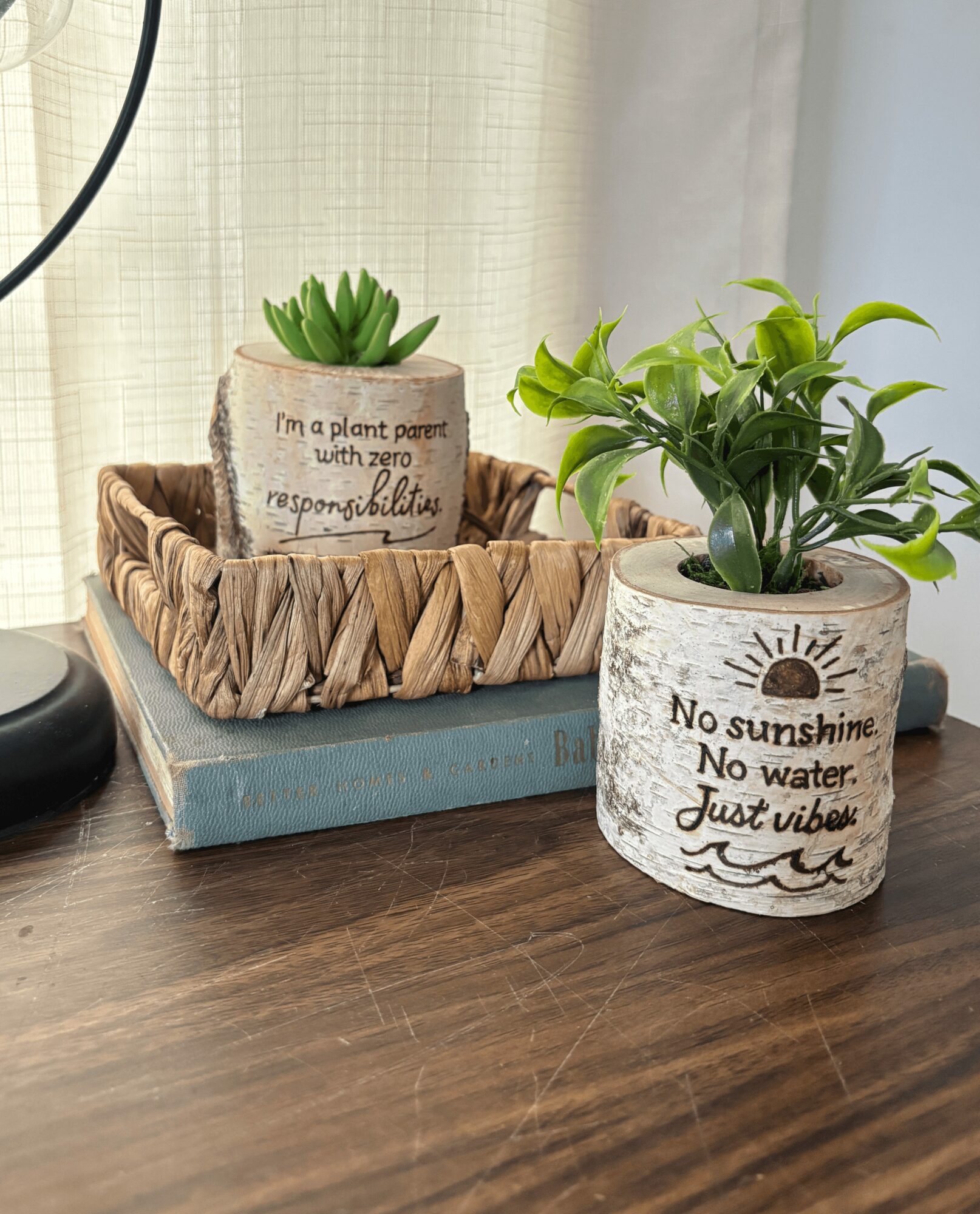 Two potted plants on a wooden surface, one in a white pot with text and a sun, the other in a beige pot, in a basket, with a light curtain background.