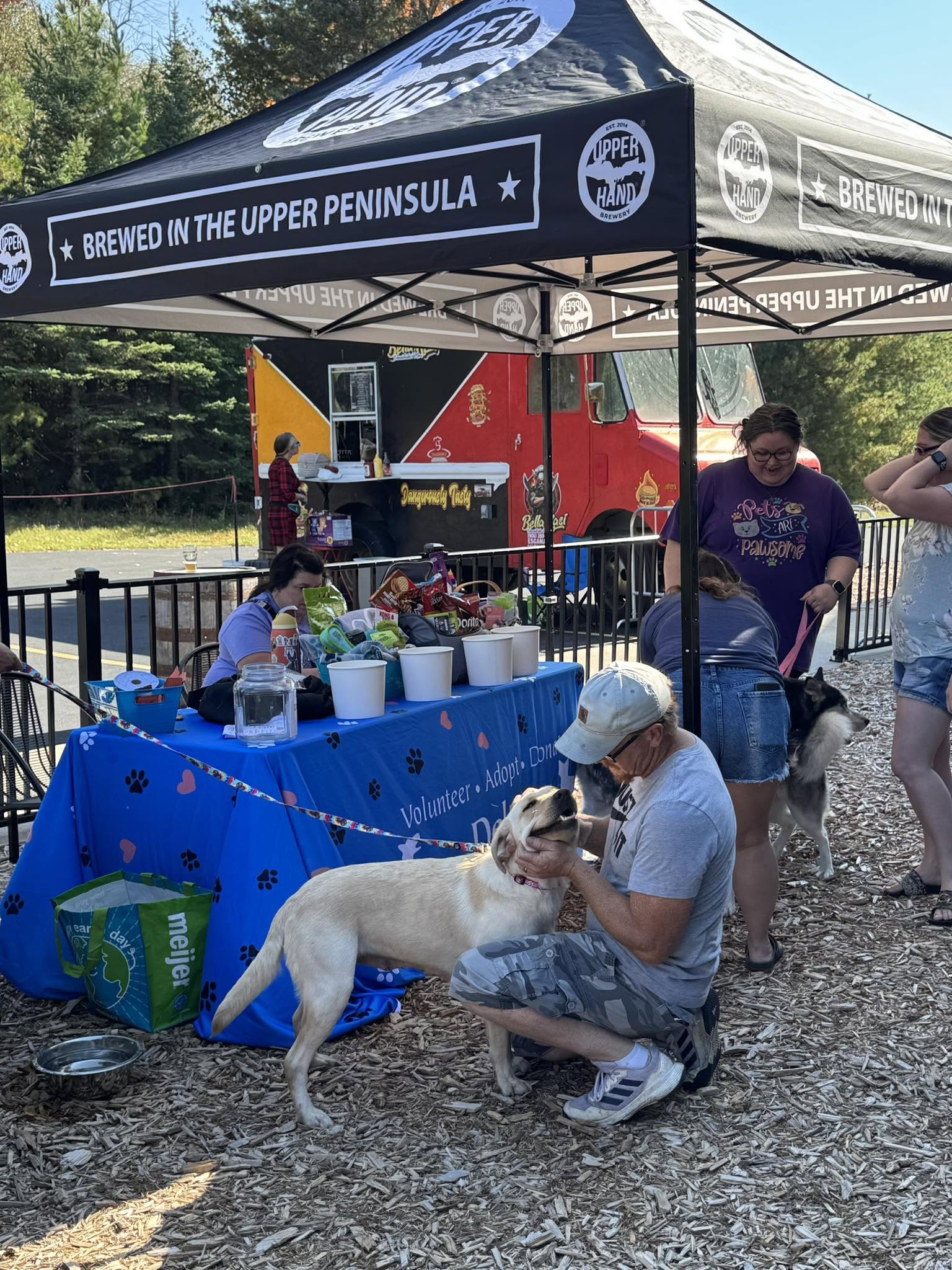 Person kneeling with dog near table under canopy, people standing around outdoors, trees in background.