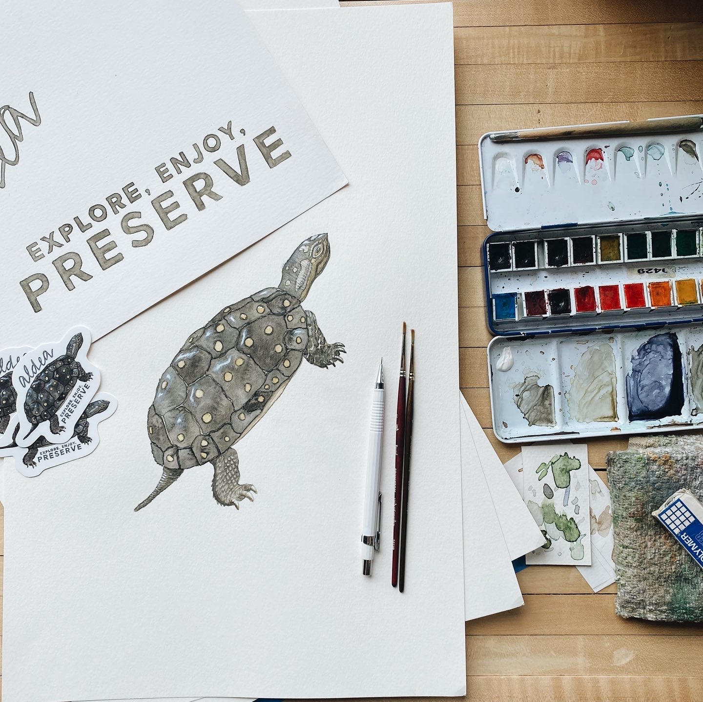 Sketchbook with a turtle drawing, watercolor paints, brushes, and stickers on a wooden surface.