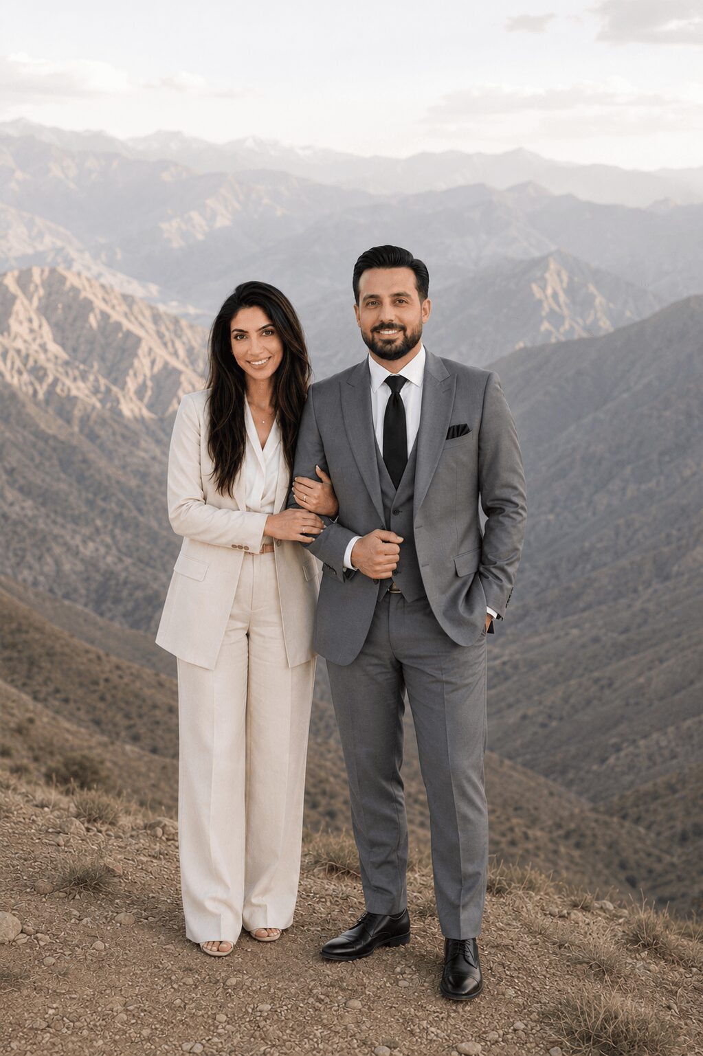 A man and woman in formal attire standing outdoors with mountains in the background.