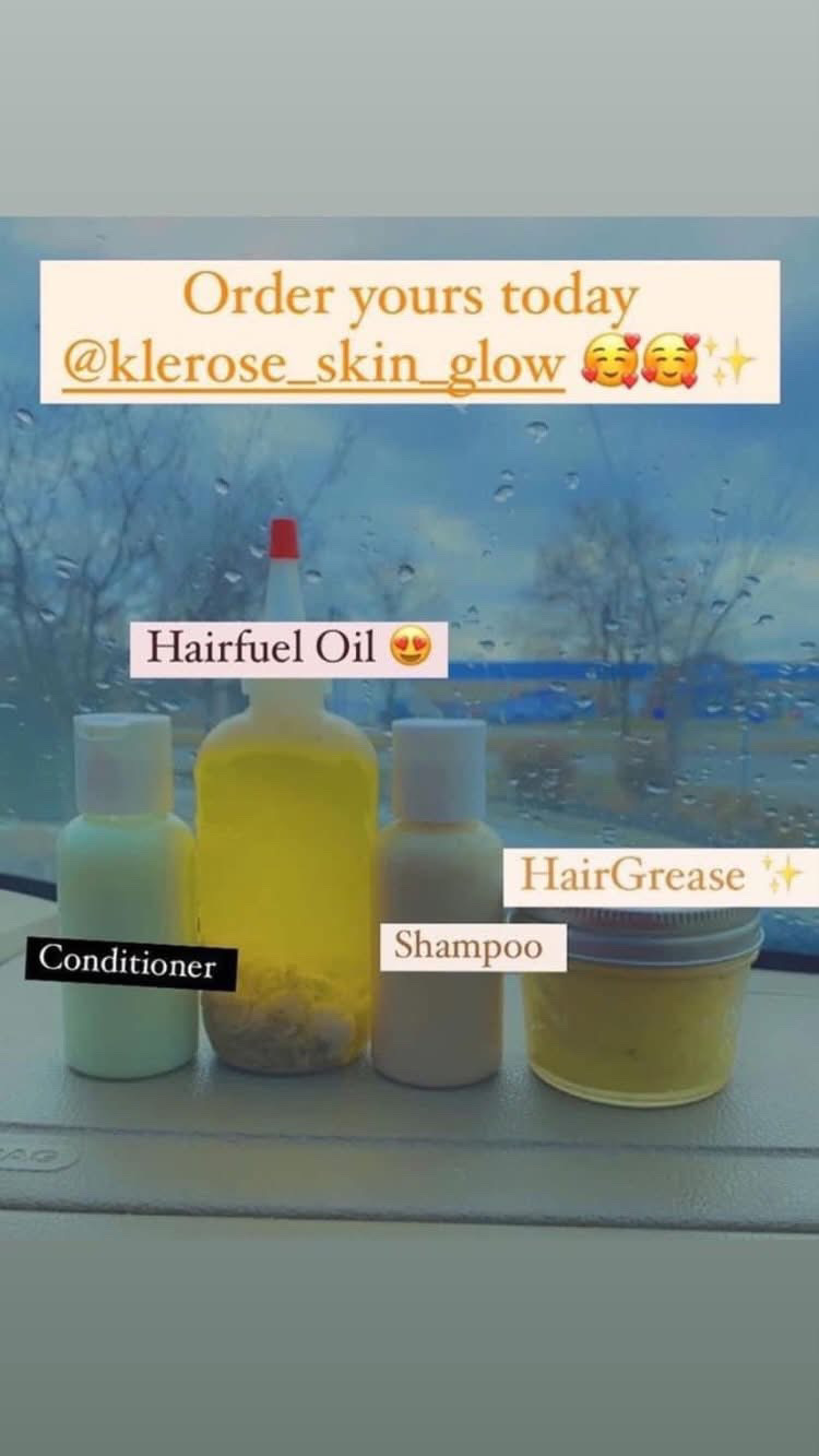 A window with hair care products including conditioner, shampoo, hair grease, and hair oil, with promotional text overlay.