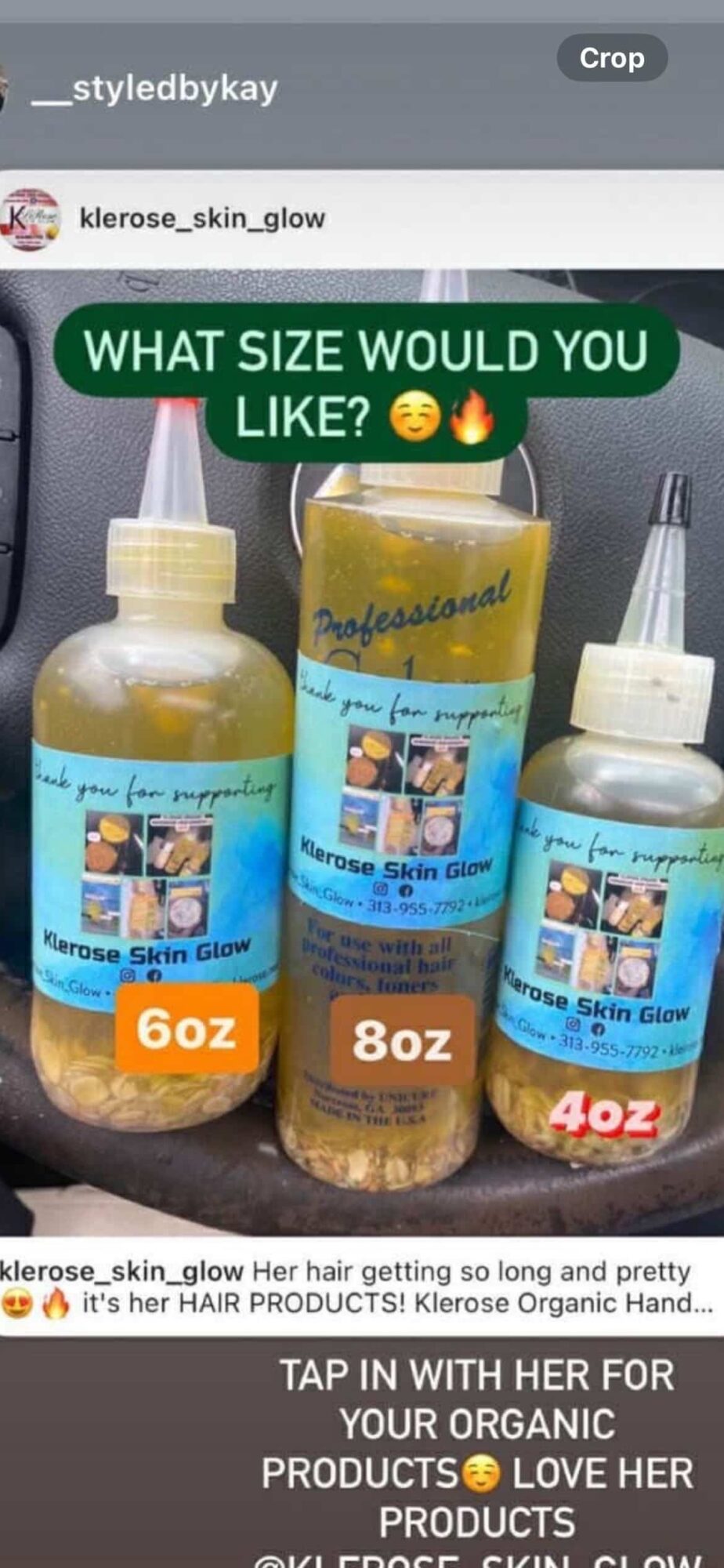 Three bottles of skincare products with labels, one large and two smaller, on a surface with a green speech bubble asking about size, and a caption below. Word count: 20