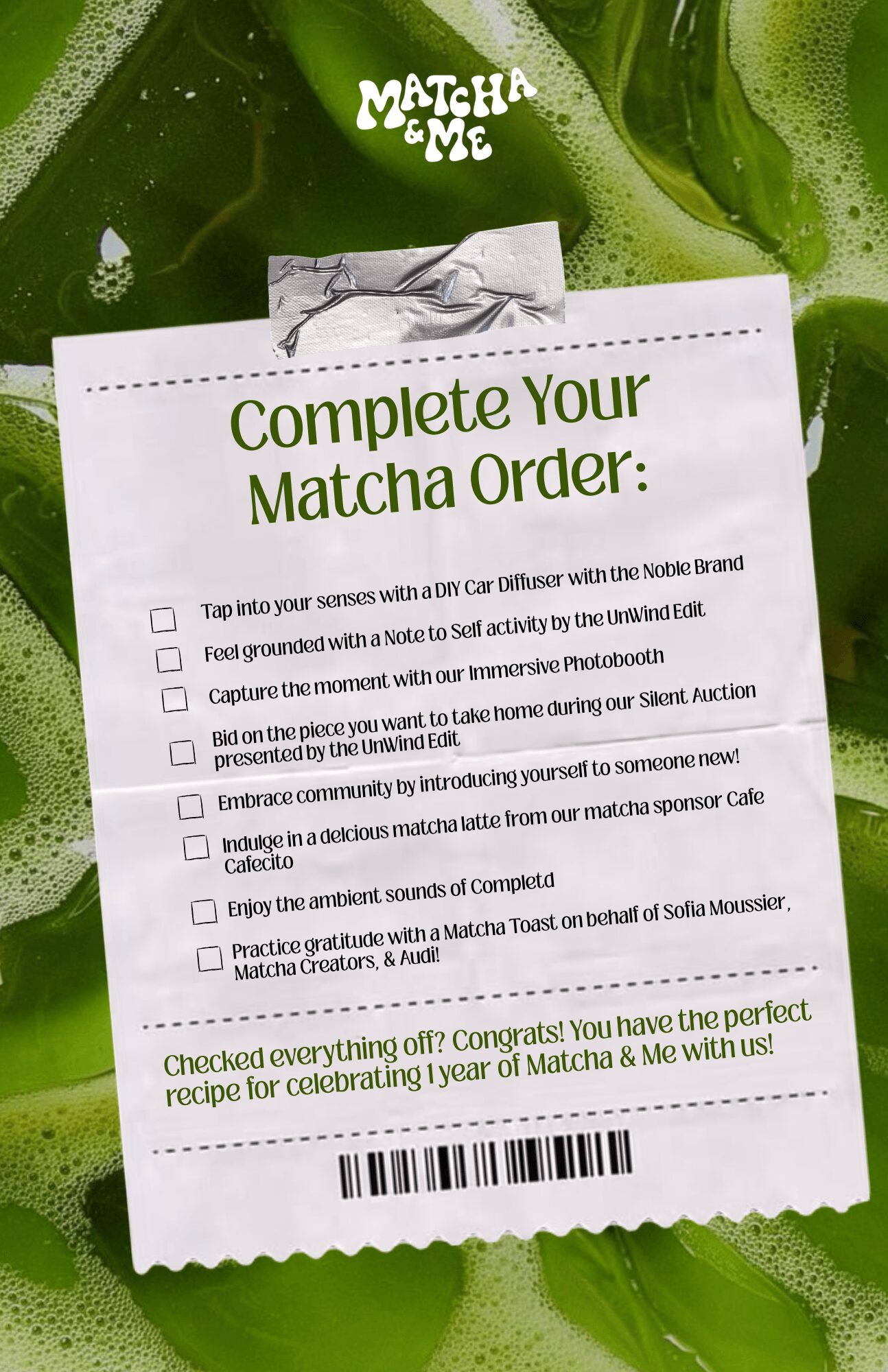 Matcha tea order form with green text, checkboxes, barcode, and a silver clip, placed on green leaves.