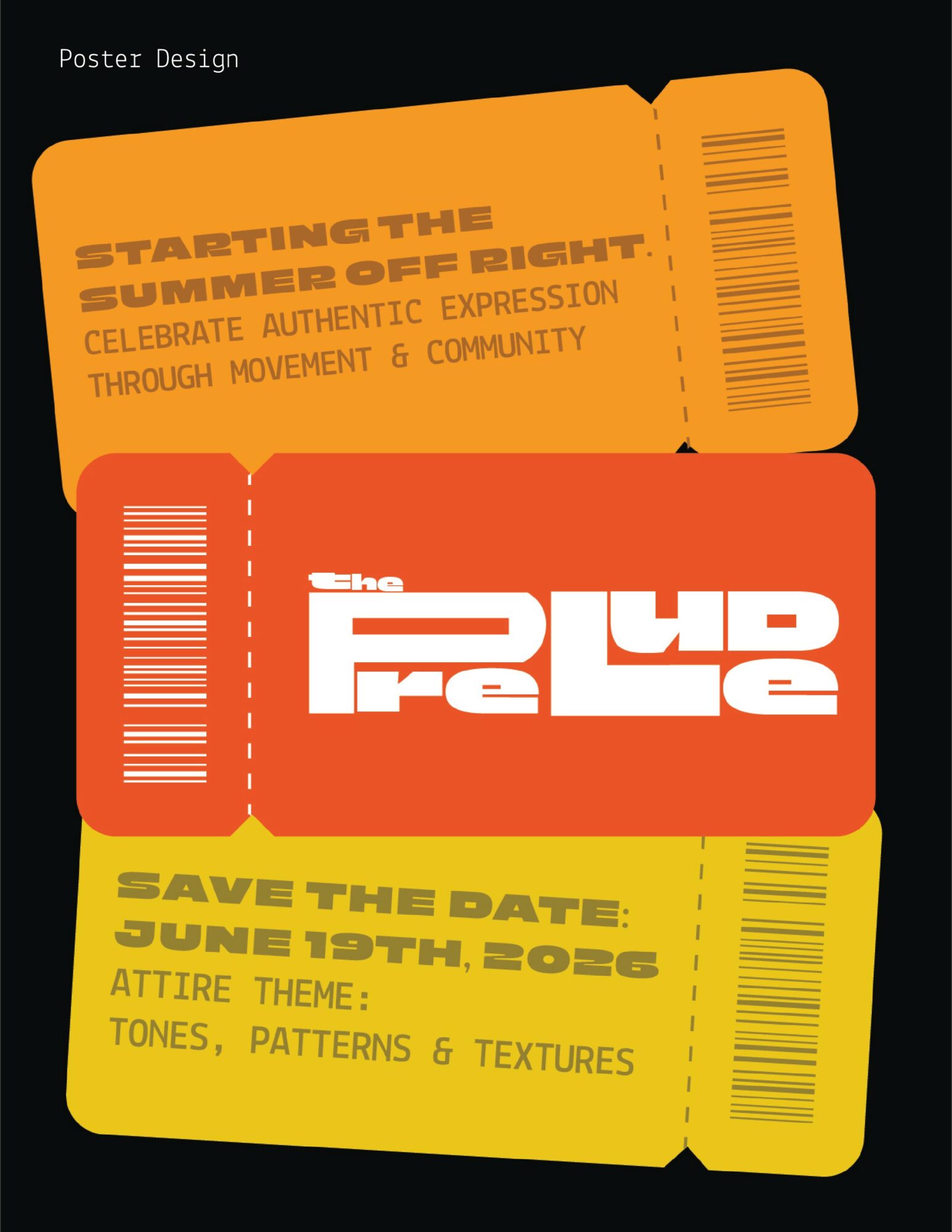 Event poster with orange, red, and yellow ticket-like sections, featuring text about a summer event, date, and theme.