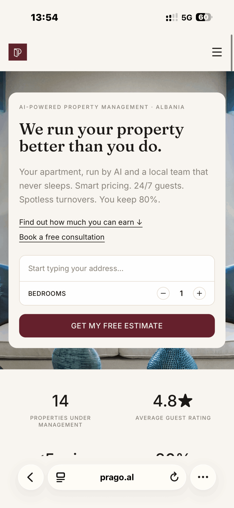 Mobile screen showing property management app with property details and a free estimate button.