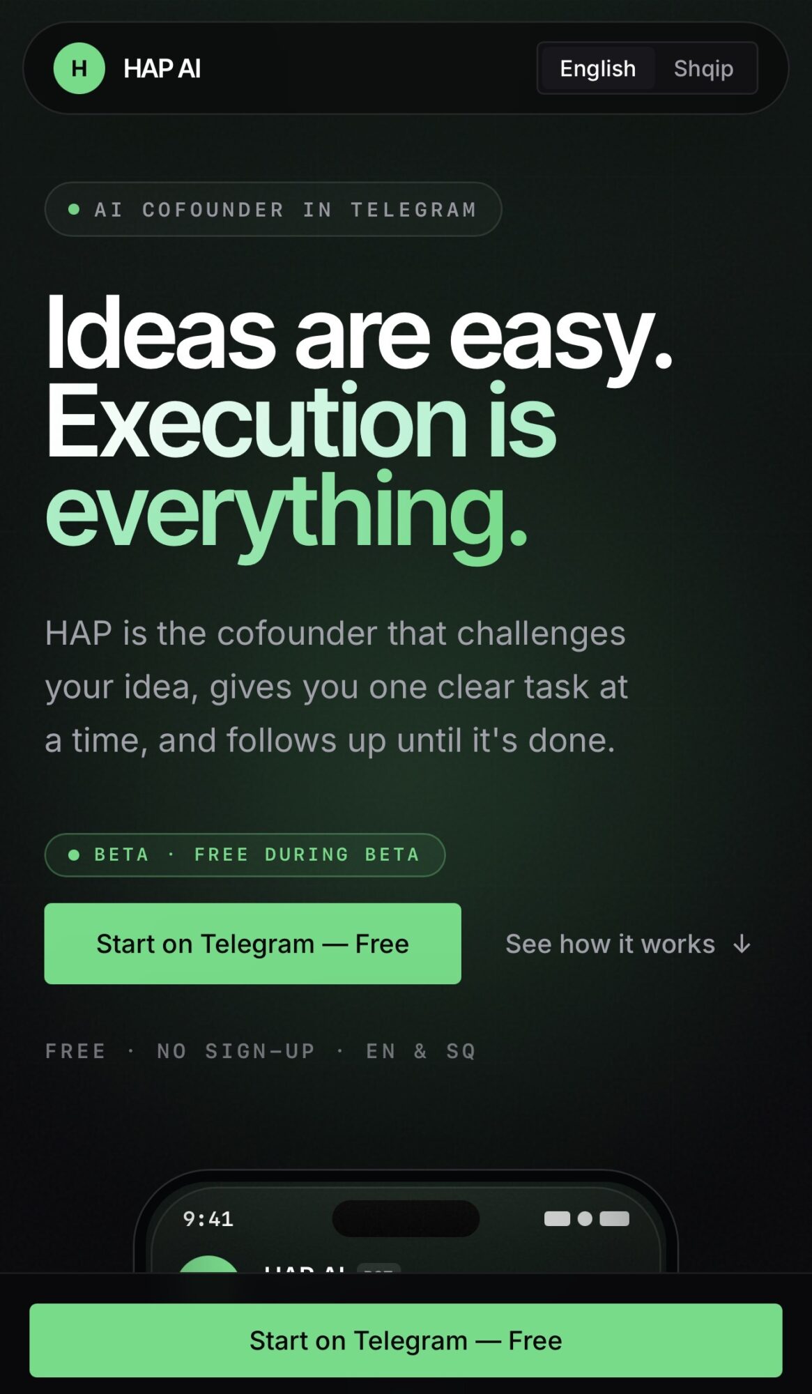 Screenshot of a Telegram app page with text about ideas and execution, and a green button to start on Telegram.