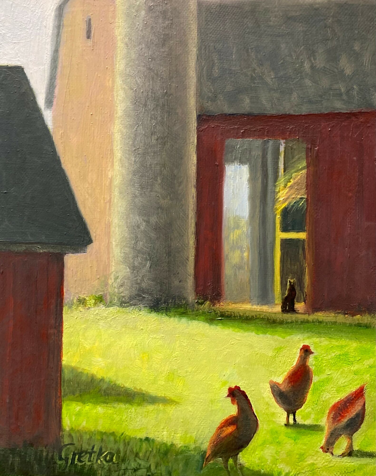 Sunlit farm scene with chickens near a red barn and a gray silo, green grass, and a small building on the left.
