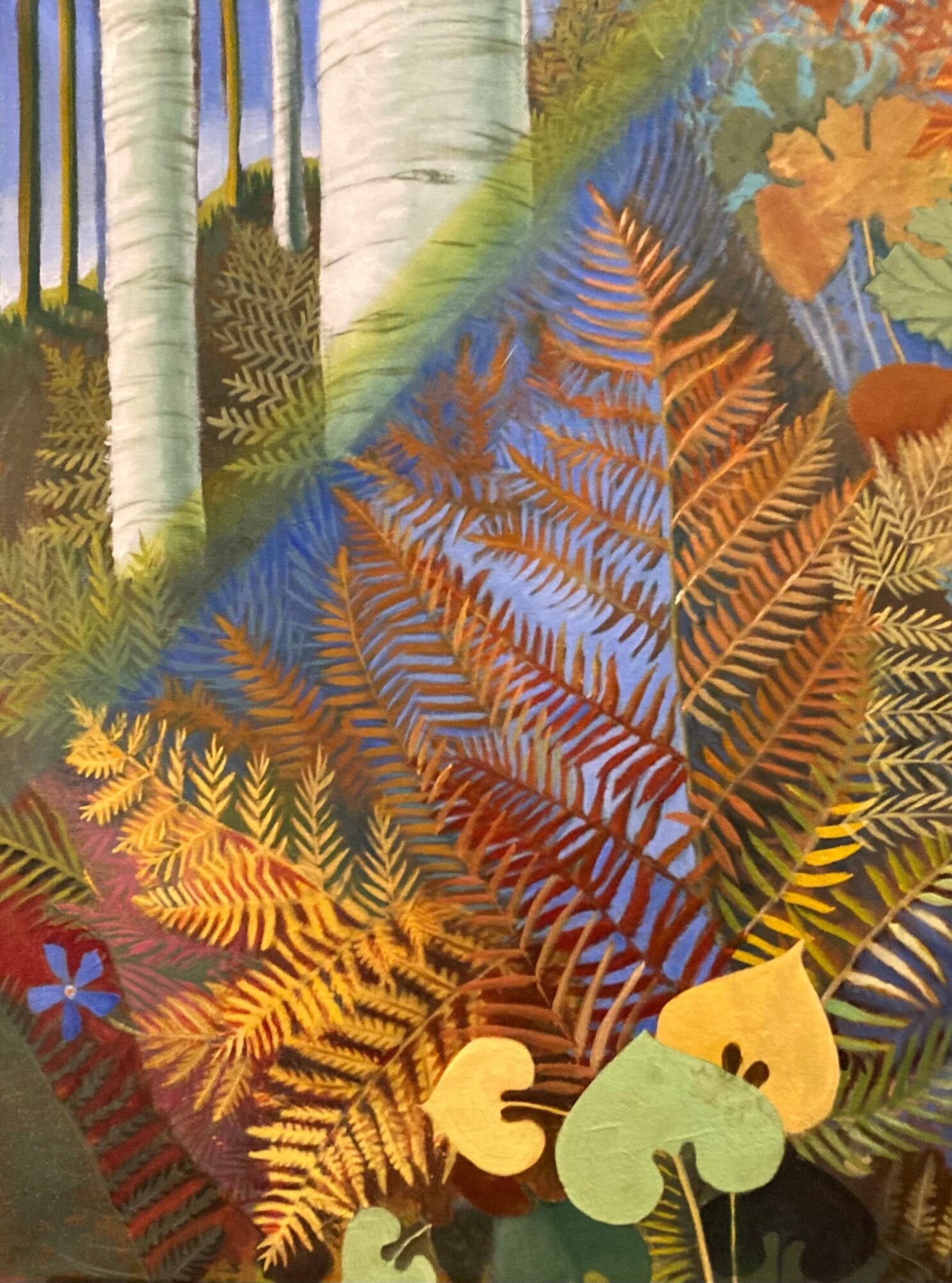 Forest scene with trees, ferns, and colorful plants, viewed from the side, with vibrant foliage and a small animal.