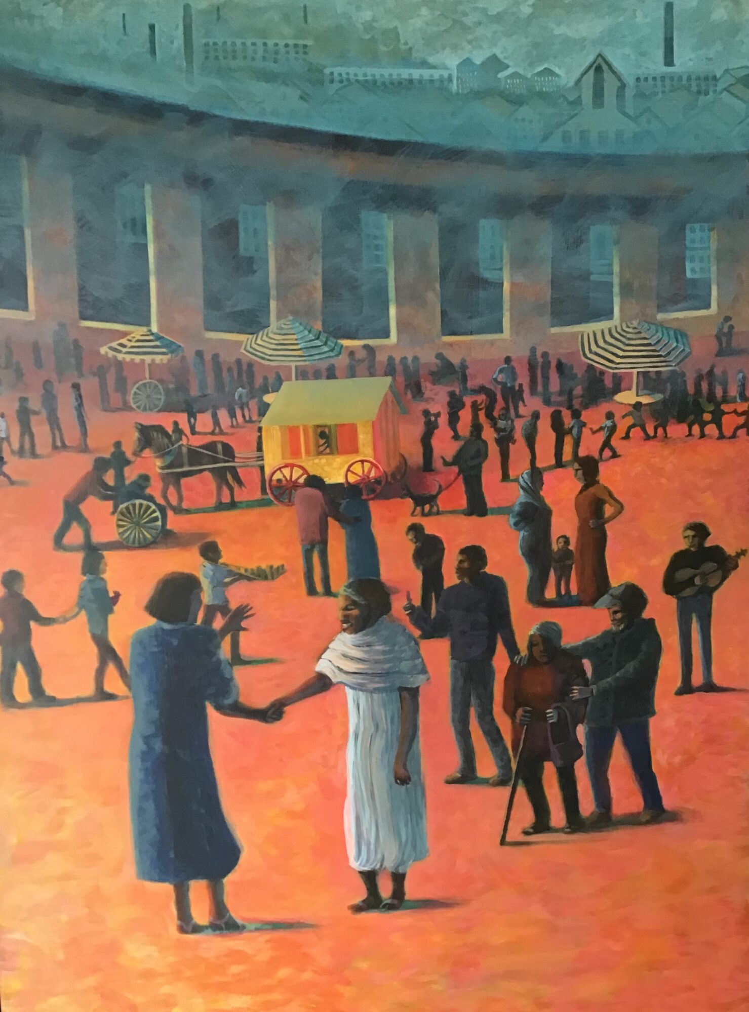 People dancing and socializing outdoors with a building and horse-drawn carriage in background.