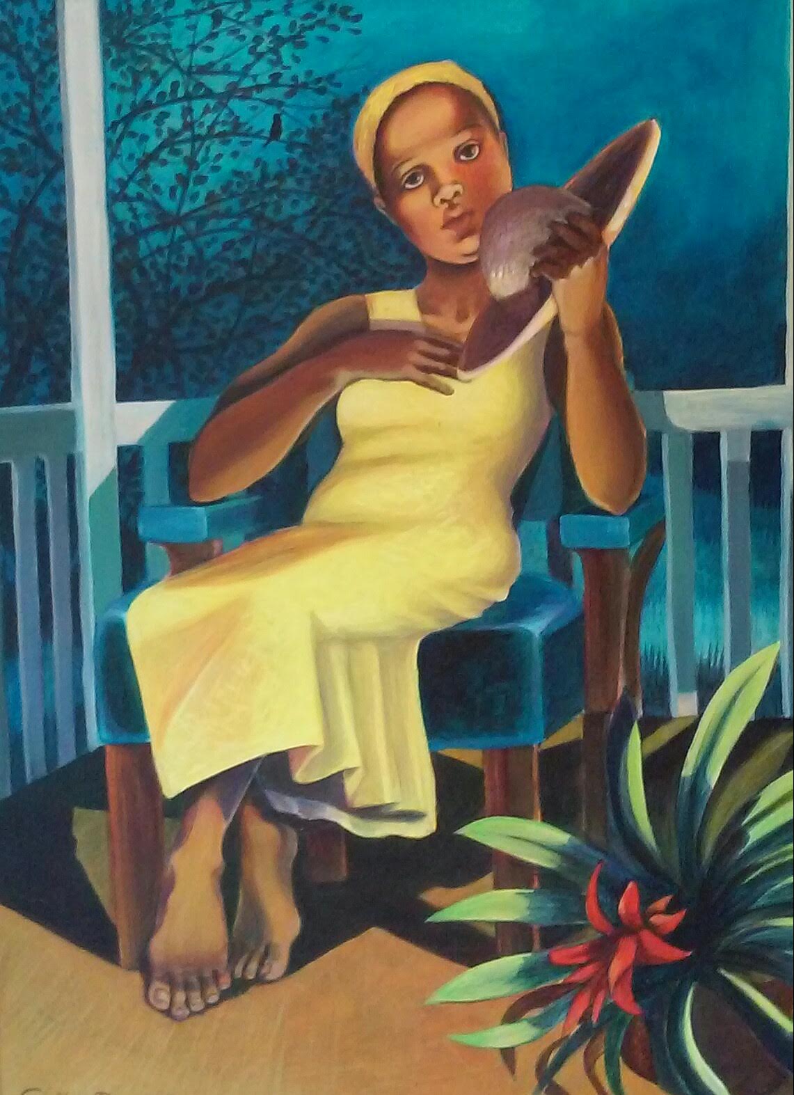 Young girl in yellow dress sitting on a porch, holding a mirror, with plants nearby and trees in the background.